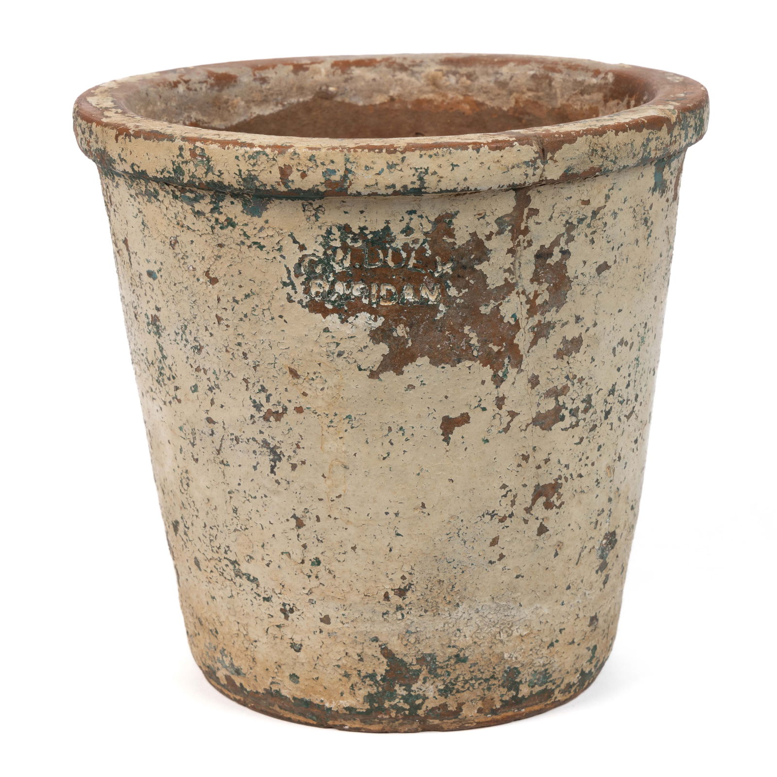 RARE STAMPED "G.W. DUEY / RAPIDAN", VIRGINIA EARTHENWARE / REDWARE FLOWER POT: RARE STAMPED "G.W. DUEY / RAPIDAN", VIRGINIA EARTHENWARE / REDWARE FLOWER POT, conical form with squared rim and punched drain hole to base. George Duey (c. 1832-1890), Rapidan, Culpepe