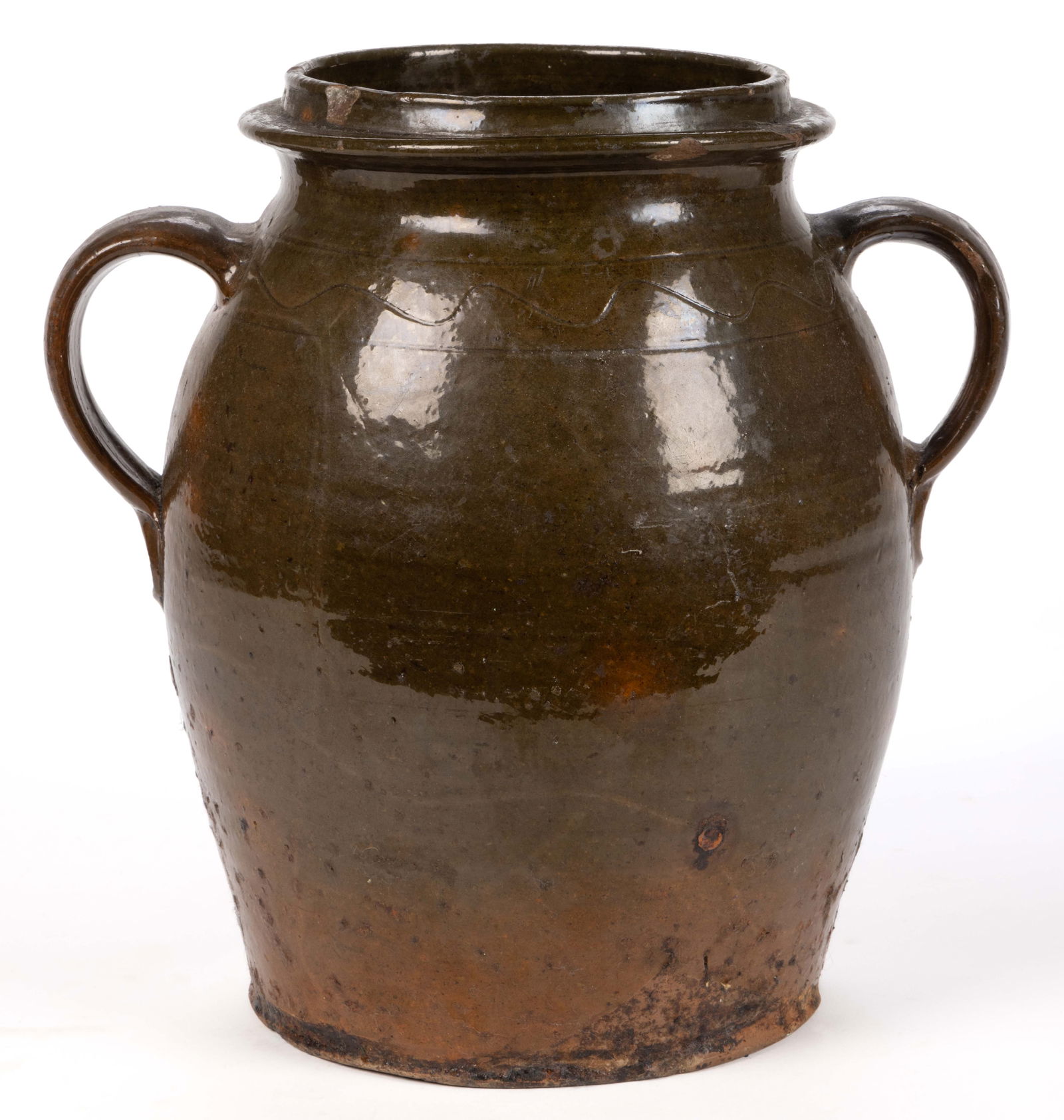 SOUTHWEST VIRGINIA / EAST TENNESSEE ATTRIBUTED DECORATED EARTHENWARE / REDWARE JAR: SOUTHWEST VIRGINIA / EAST TENNESSEE ATTRIBUTED DECORATED EARTHENWARE / REDWARE JAR, copper- and lead-glazed, approximately two-gallon capacity, ovoid form, galleried rim with an exterior led
