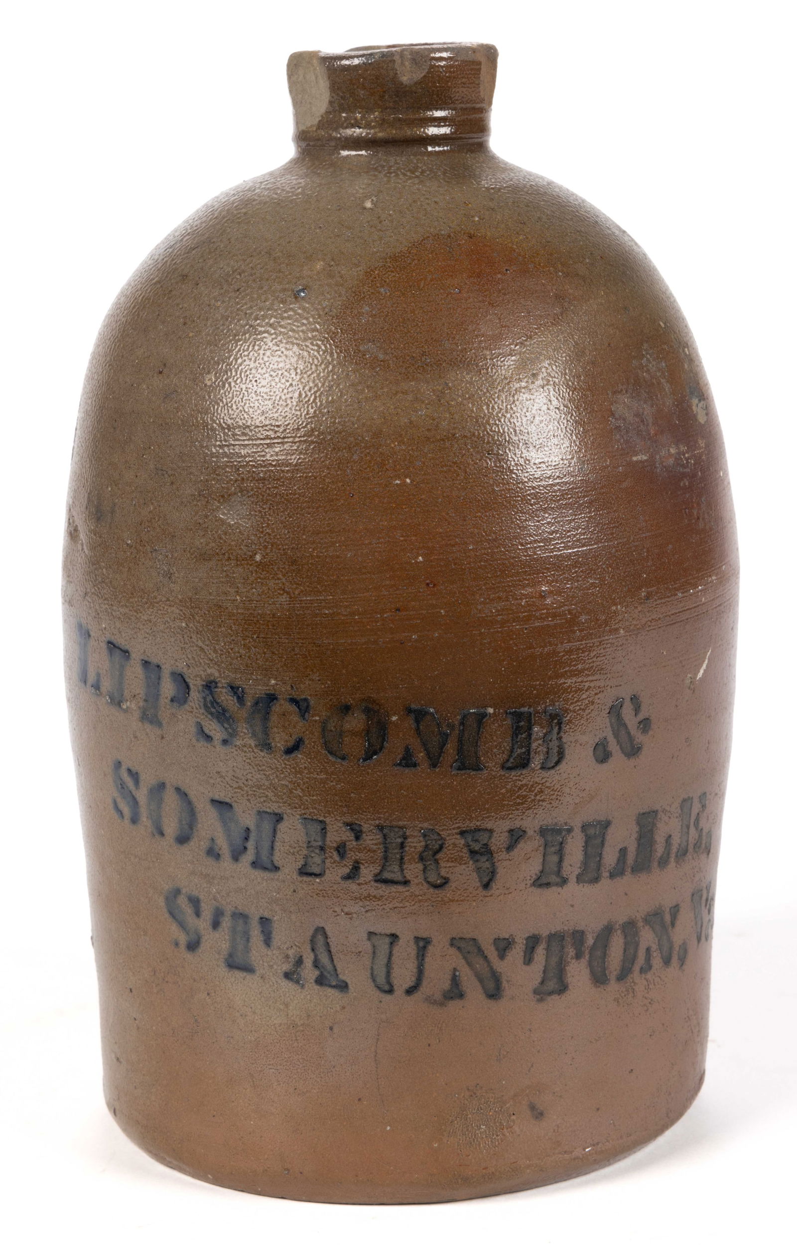 VIRGINIA MERCHANT'S STENCILED STONEWARE JUG: VIRGINIA MERCHANT'S STENCILED STONEWARE JUG, approximately half-gallon capacity, semi-ovoid form with plain mouth and strap handle having a medial ridge. Stenciled cobalt "LIPSCOMB &