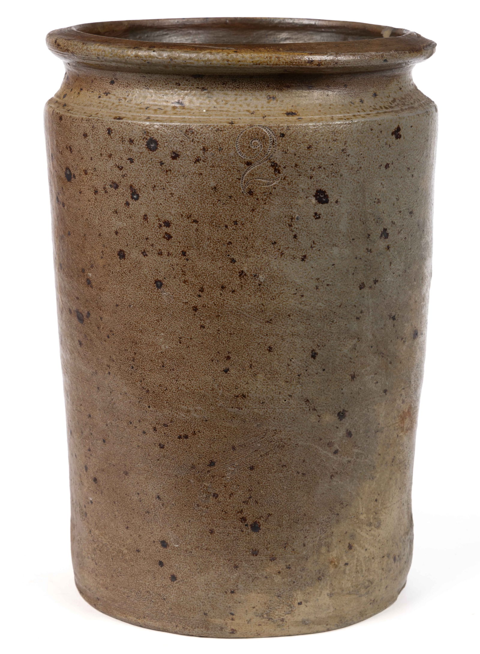 JEREMIAH S. HOGUE (1847-1926) ATTRIBUTED, TITUS CO., TEXAS STONEWARE JAR: JEREMIAH S. HOGUE (1847-1926) ATTRIBUTED, TITUS CO., TEXAS STONEWARE JAR, alkaline-glazed with iron speckles, "2" gallon capacity mark, cylindrical form with flat-top rounded rim, Alkaline-g
