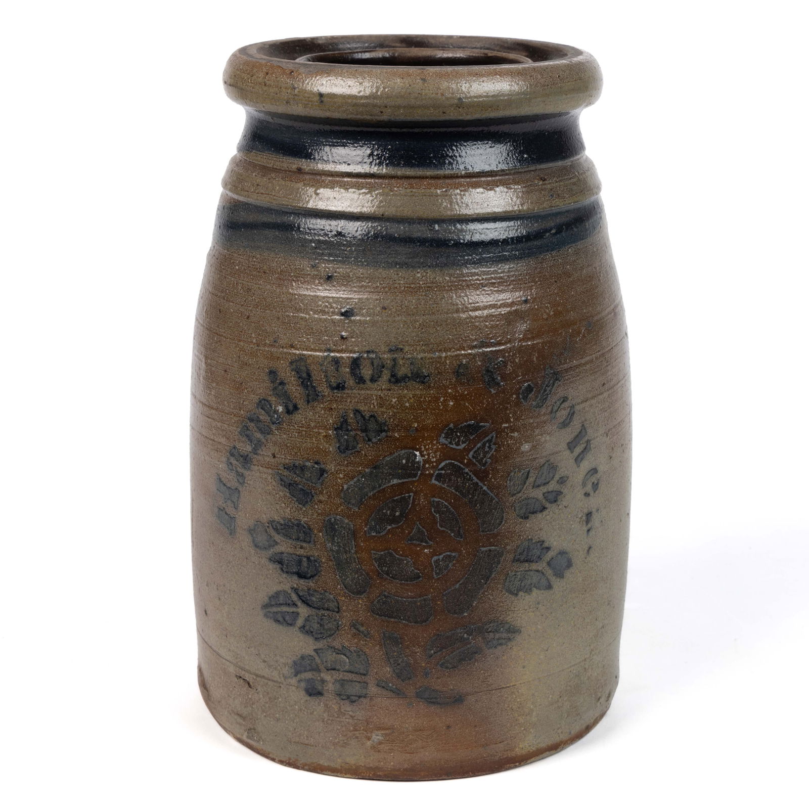 WESTERN PENNSYLVANIA STENCILED STONEWARE CANNER: WESTERN PENNSYLVANIA STENCILED STONEWARE CANNER, salt-glazed, approximately half-gallon capacity, slight conical form with grooved wax-seal rim and Albany-slip glazed interior. Stenciled cobalt &
