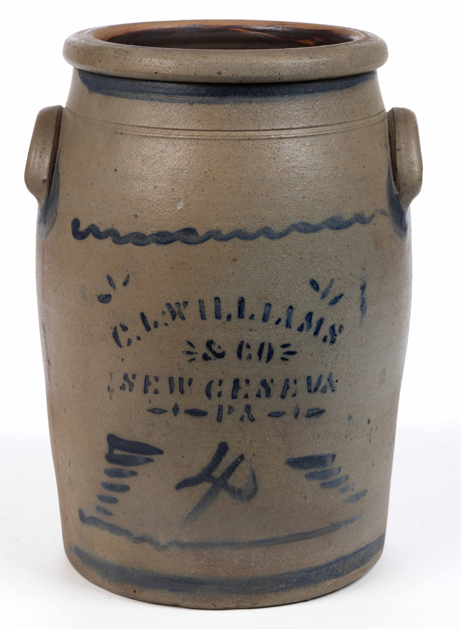 WESTERN PENNSYLVANIA STENCILED STONEWARE JAR: WESTERN PENNSYLVANIA STENCILED STONEWARE JAR, salt-glazed, designated four-gallon capacity, cylindrical form with slight shoulder, flat-top rounded rim, beaded neck, and applied arched handles, Albany