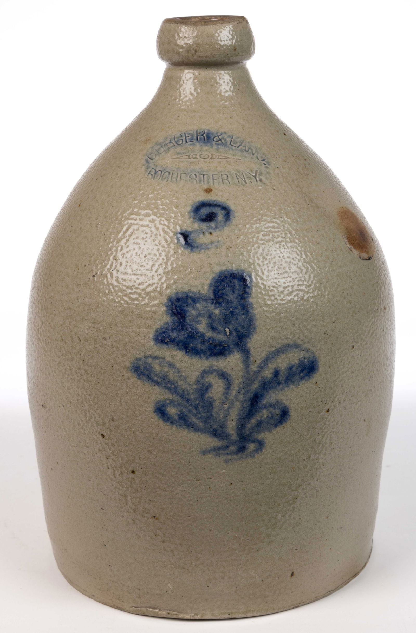 STAMPED "BURGER & LANG. / ROCHESTER N.Y.", NEW YORK DECORATED STONEWARE JUG (1 of 5)