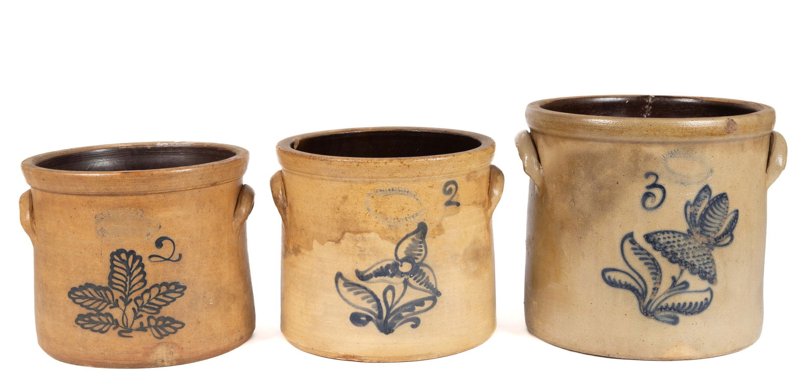 BURGER FAMILY, ROCHESTER, NEW YORK DECORATED STONEWARE CROCKS, LOT OF THREE (1 of 5)