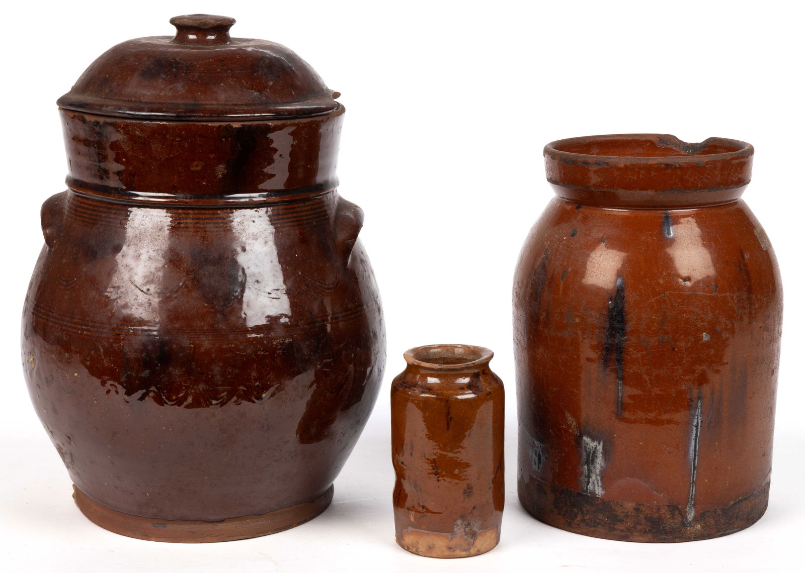 AMERICAN DECORATED EARTHENWARE / REDWARE JARS, LOT OF THREE (1 of 5)