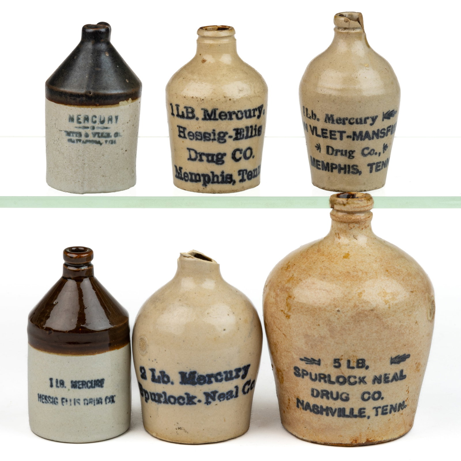 ASSORTED TENNESSEE MERCHANT'S STONEWARE MINIATURE ADVERTISING MERCURY JUGS, LOT OF SIX (1 of 2)