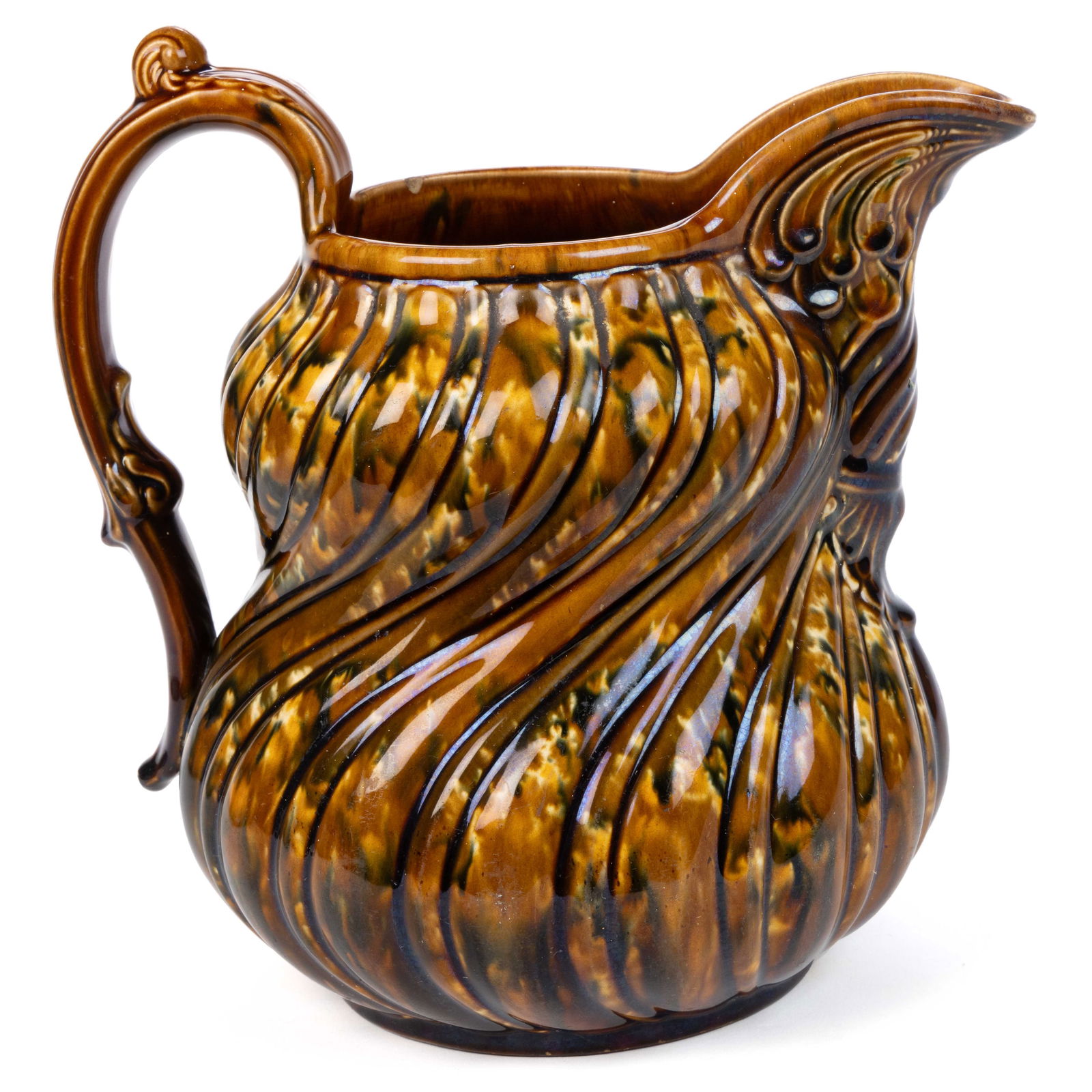 STAMPED BENNINGTON FLINT ENAMEL / ROCKINGHAM GLAZE SWIRLED ALTERNATE RIB PITCHER (1 of 6)