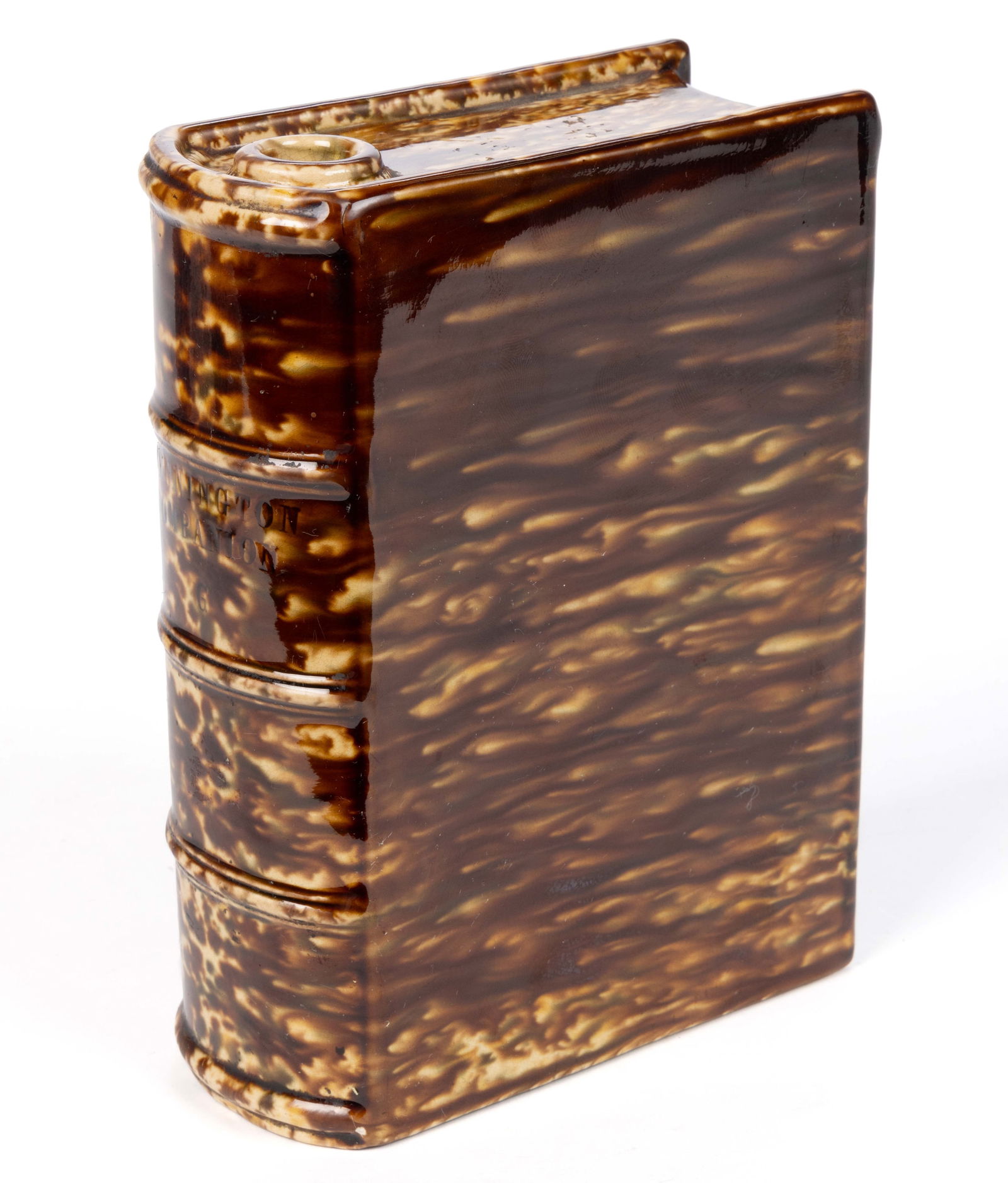 AMERICAN BENNINGTON ATTRIBUTED FLINT ENAMEL ROCKINGHAM GLAZE POTTERY BOOK FLASK (1 of 2)