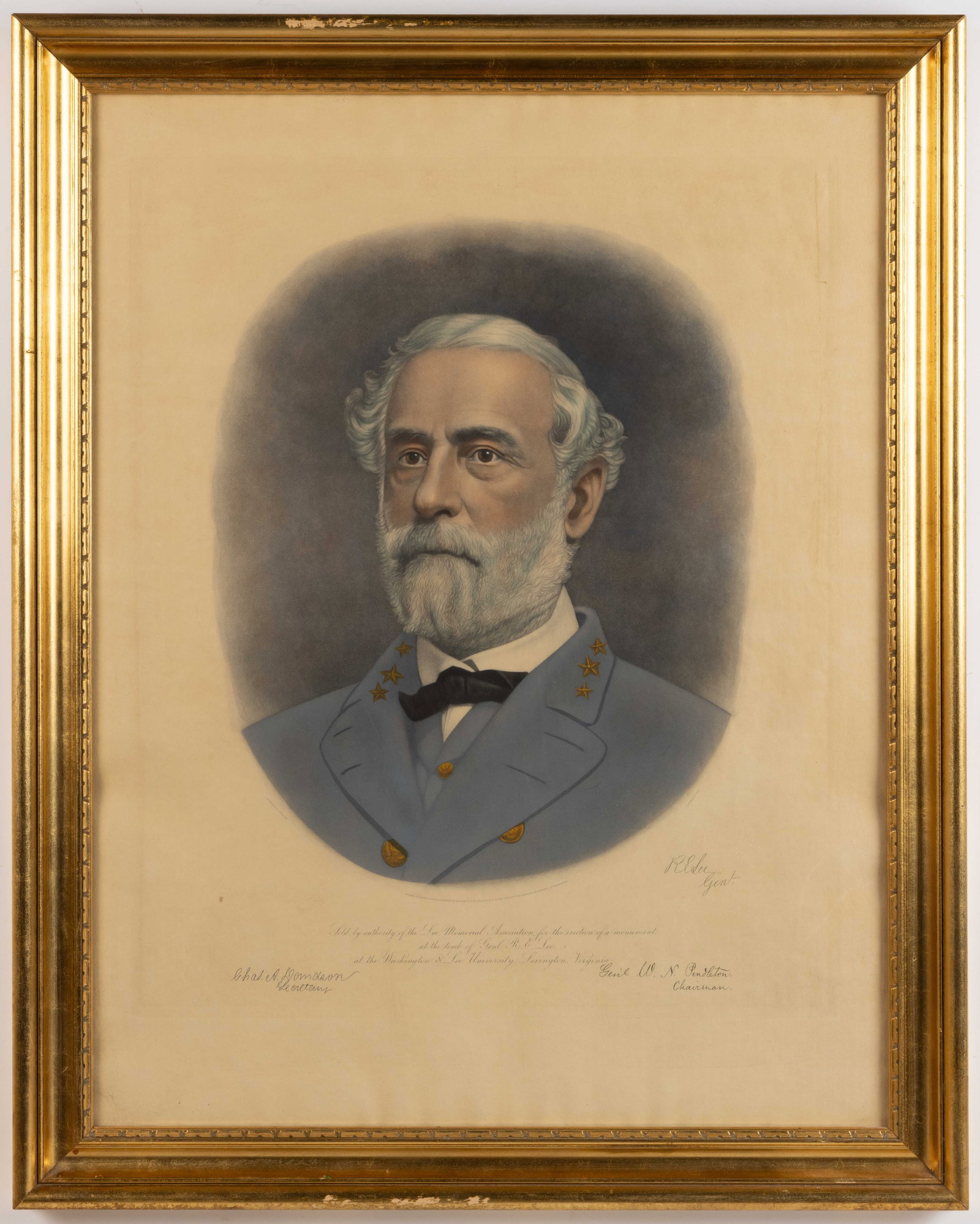 LEE MEMORIAL ASSOCIATION PORTRAIT OF ROBERT E. LEE: LEE MEMORIAL ASSOCIATION PORTRAIT OF ROBERT E. LEE, hand-colored engraving, depicting Lee over an inscription reading "Sold by authority of the Lee Memorial Association for the erection of a