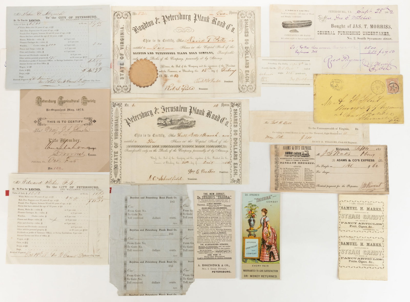 ASSORTED PETERSBURG / RICHMOND, VIRGINIA EPHEMERA, LOT OF 14: ASSORTED PETERSBURG / RICHMOND, VIRGINIA EPHEMERA, LOT OF 14, including (1) printed (possible Confederate Imprint) double label for Samuel H. Marks, Manufacturer of Steam Candy and Dealer in Fancy Art