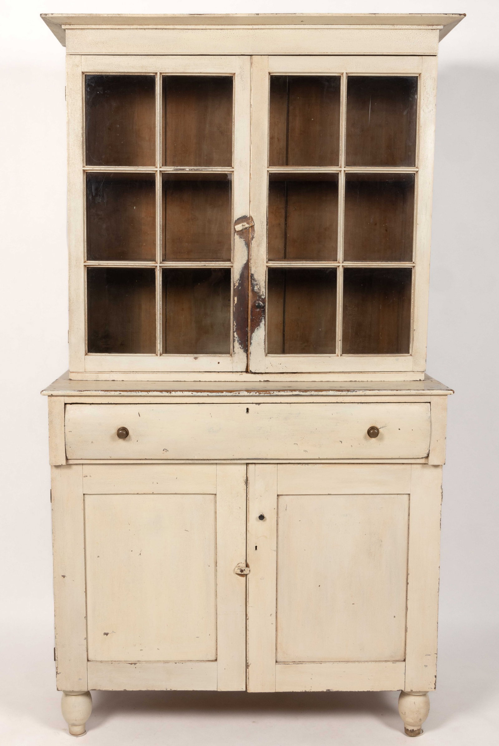 FAIRFAX CO., VIRGINIA, ATTRIBUTED, PAINTED WALNUT JACKSON PRESS: FAIRFAX CO., VIRGINIA, ATTRIBUTED, PAINTED WALNUT JACKSON PRESS, two-piece construction, the applied cornice over two six-pane glass doors which open to reveal two fixed shelves, the lower case with a