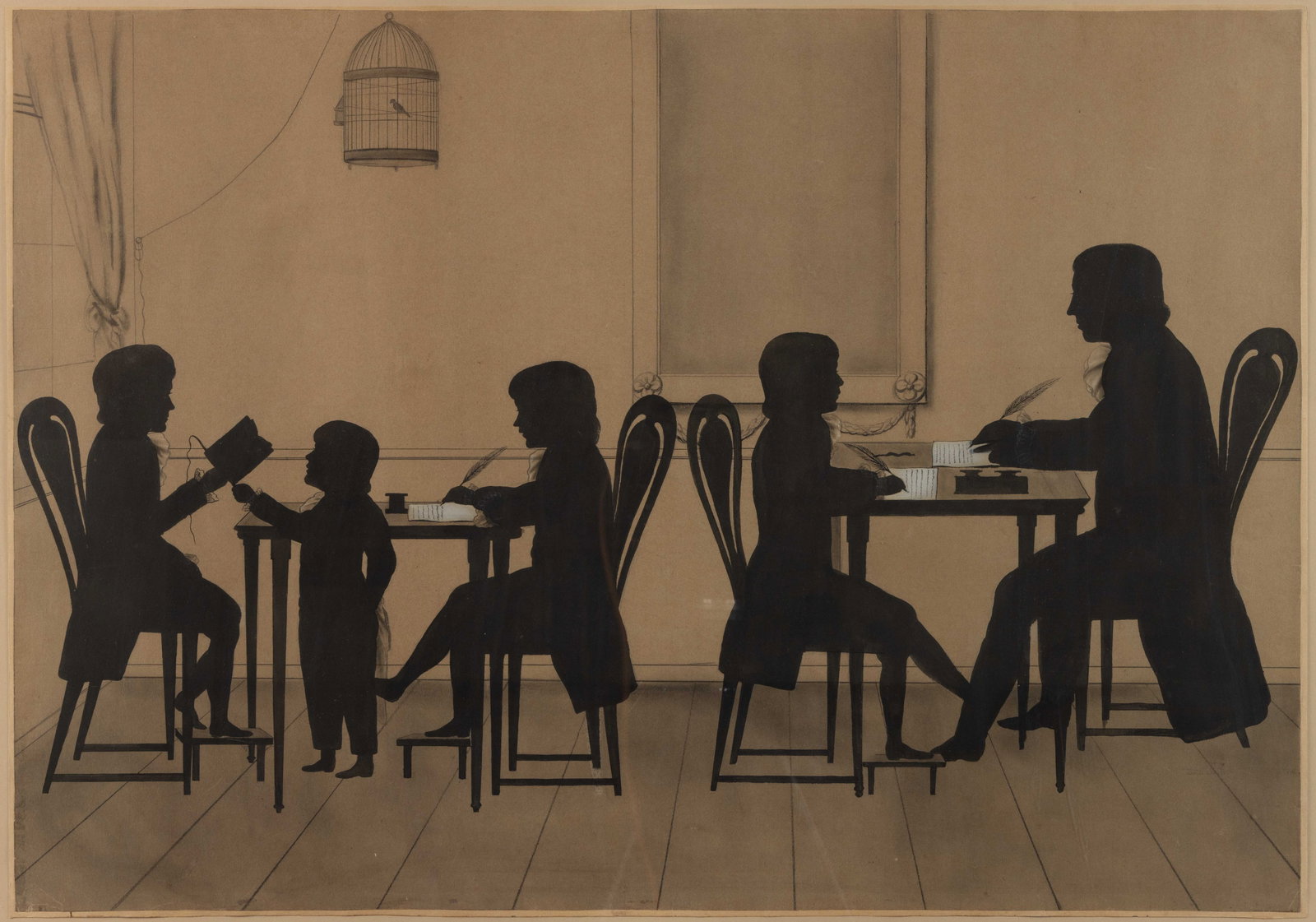 AMERICAN OR BRITISH SCHOOL (19TH CENTURY) LARGE GROUP SILHOUETTE: AMERICAN OR BRITISH SCHOOL (19TH CENTURY) LARGE GROUP SILHOUETTE, watercolor and charcoal on paper, depicting a grouping of five figures which appears to be a teacher and his pupils, each sit in a sty
