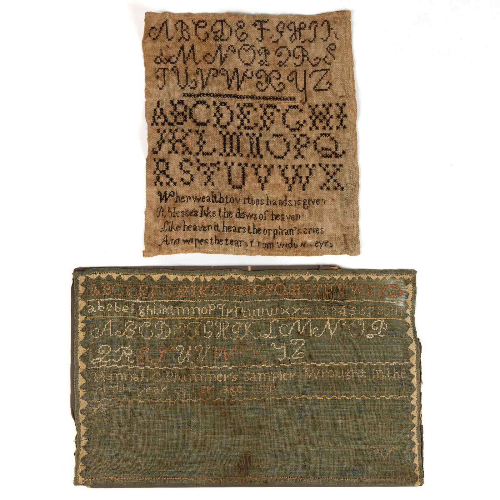 NEW ENGLAND, PROBABLY MASSACHUSETTS OR NEW HAMPSHIRE, NEEDLEWORK SAMPLER: NEW ENGLAND, PROBABLY MASSACHUSETTS OR NEW HAMPSHIRE, NEEDLEWORK SAMPLER, silk on green linsey-woolsey, four alphabet rows with a short numeral section segmented by horizontal bands of stitching, belo