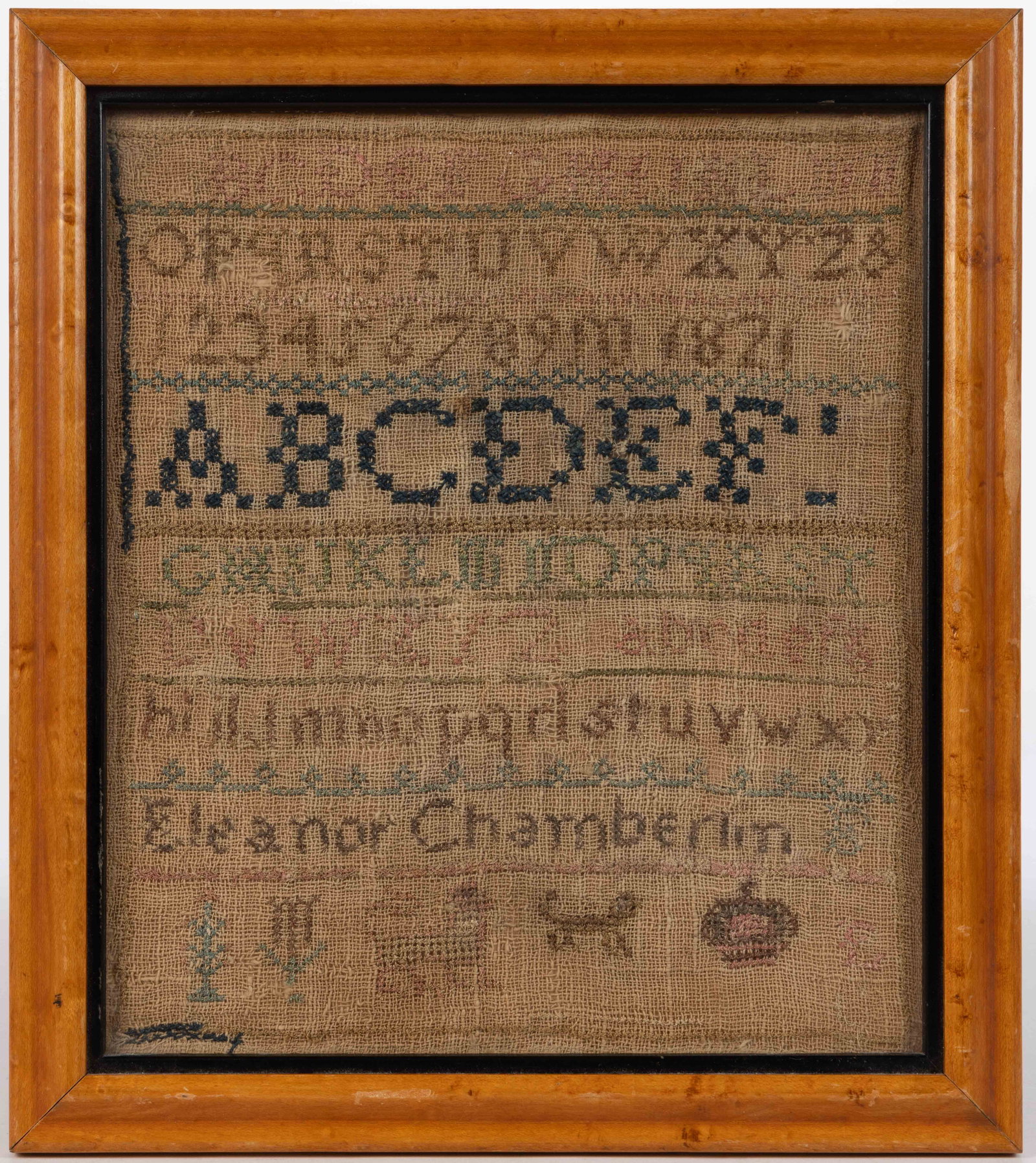 AMERICAN / BRITISH NEEDLEWORK SAMPLER: AMERICAN / BRITISH NEEDLEWORK SAMPLER, silk and other thread on linen, seven alphabet and numeral rows segmented by horizontal bands of decorative stitching, dated "1821" in the third row, l