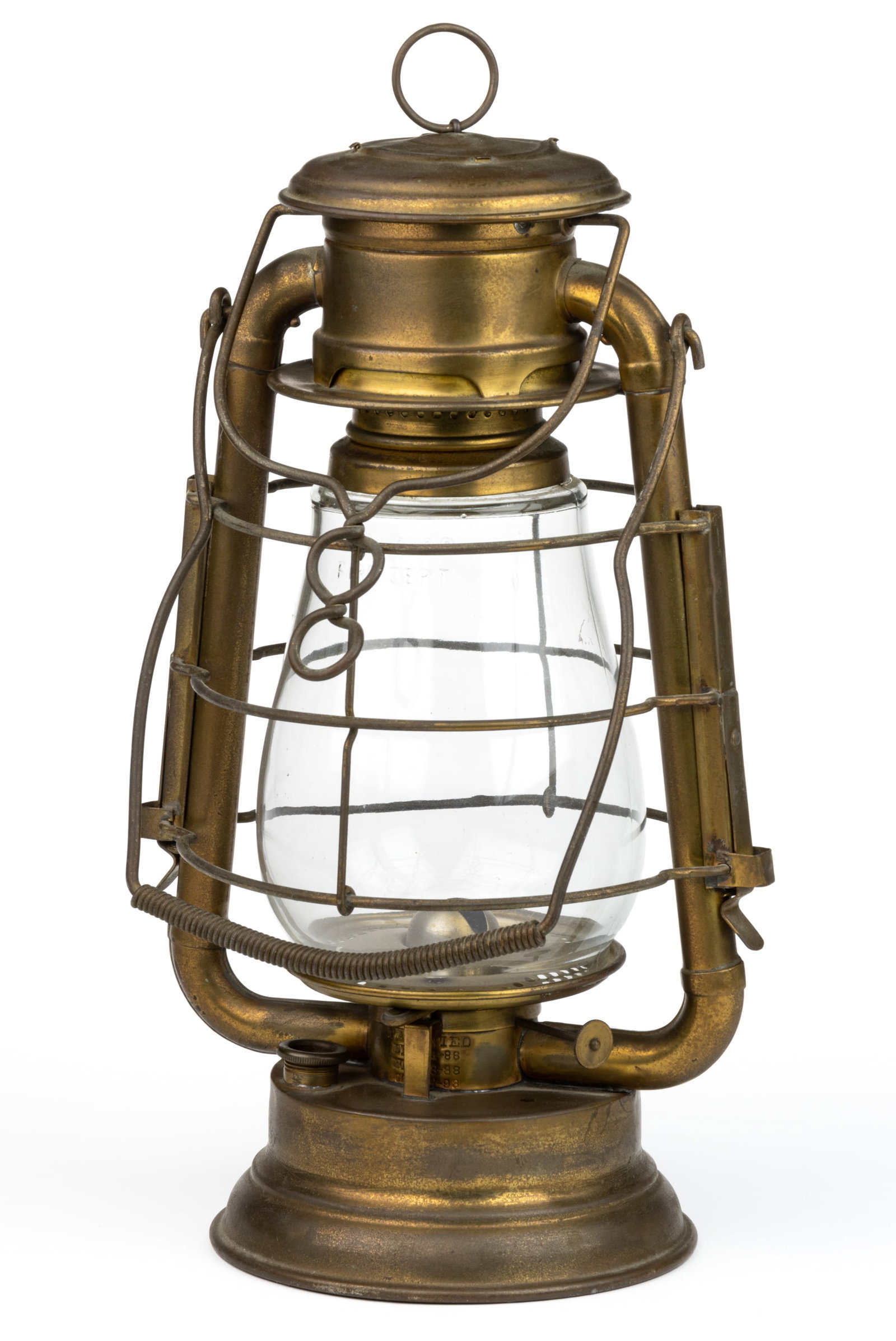 C. T. HAM'S BRASS NO. 39 CHIEF FIREMAN'S COLD-BLAST LANTERN: C. T. HAM'S BRASS NO. 39 CHIEF FIREMAN'S COLD-BLAST LANTERN, flat-top cap fitted with spring-activated lift and having a single small ring, bail handle with double loop rings, a