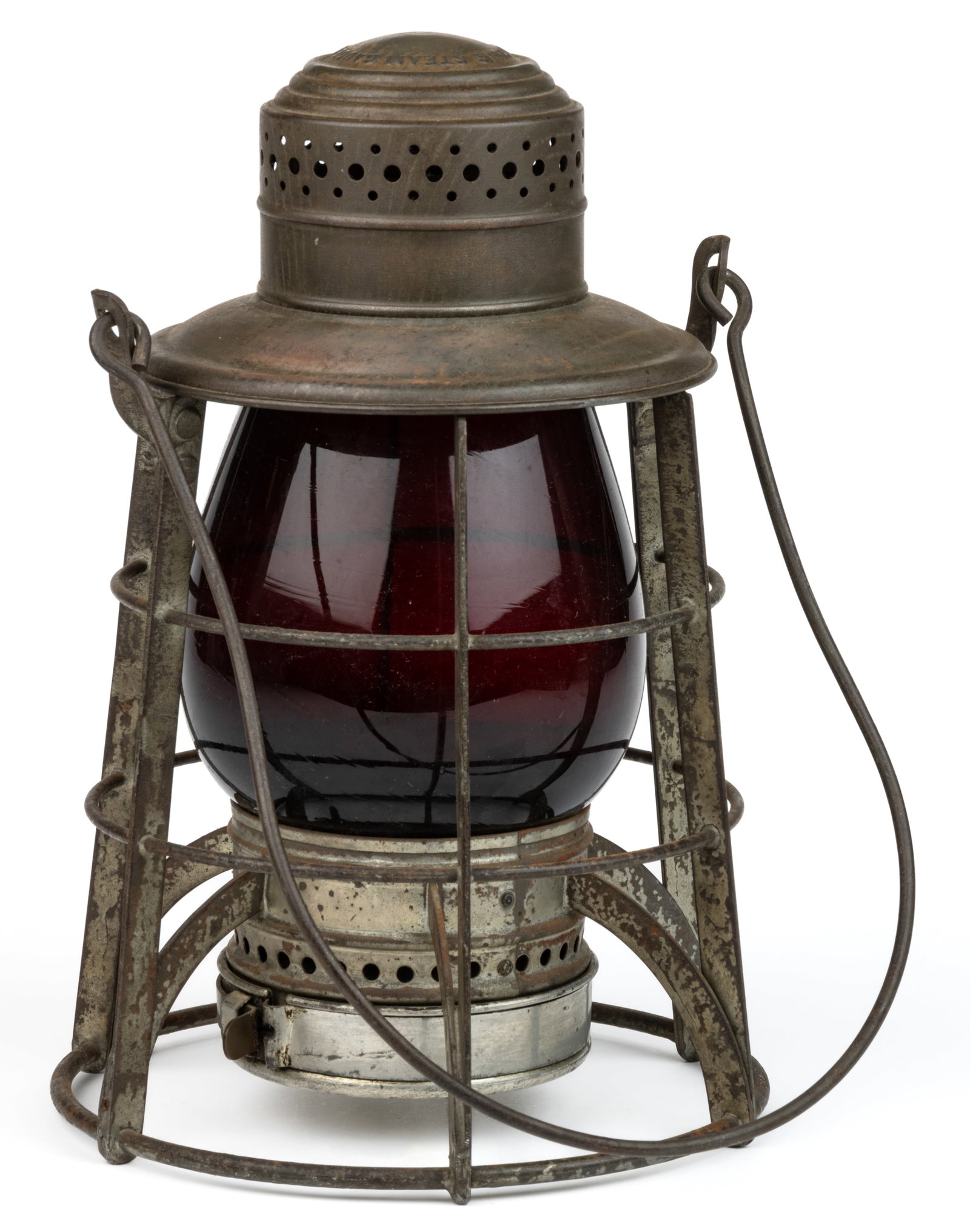 STEAM GAUGE & LANTERN CO. SHEET-IRON WITH RUBY GLOBE RAILROAD LANTERN: STEAM GAUGE & LANTERN CO. SHEET-IRON WITH RUBY GLOBE RAILROAD LANTERN, hinged cover with cap embossed "STEAM GAUGE & LANTERN CO. SYRACUSE, N.Y." deep ruby unmarked globe wi