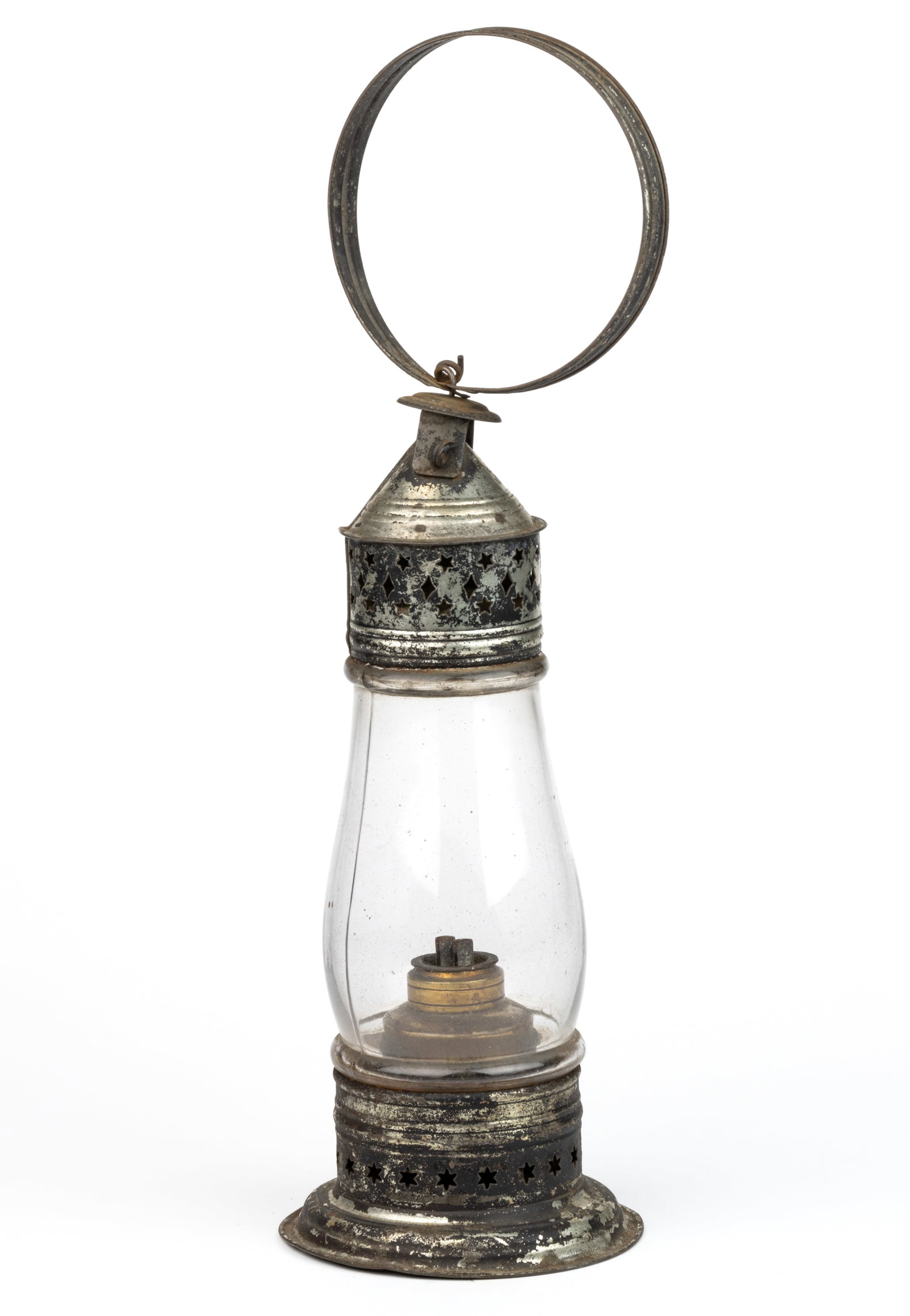 PIERCED AND PUNCHED SHEET-IRON / TIN WHALE OIL LANTERN: PIERCED AND PUNCHED SHEET-IRON / TIN WHALE OIL LANTERN, nickel-plate finish, colorless fixed blown-molded tapered-form globe, conical form cap with punched stars and diamonds, large strap-ring ha