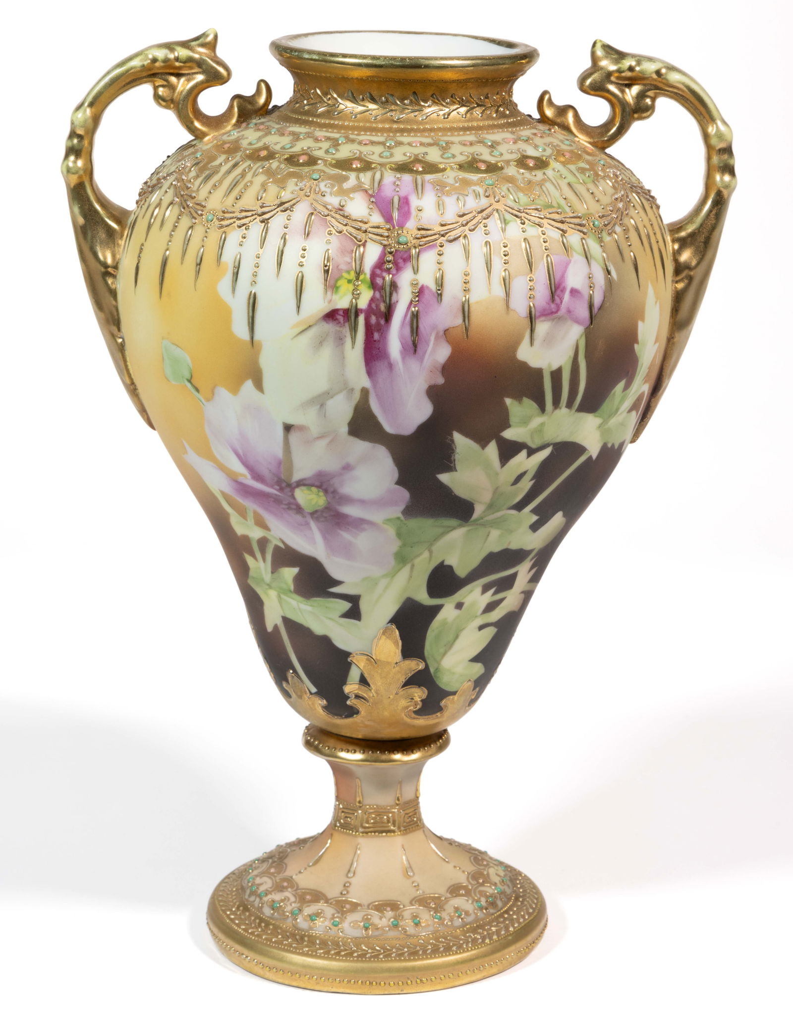 JAPANESE NIPPON PORCELAIN BOLTED FLORAL MOTIF URN VASE: JAPANESE NIPPON PORCELAIN BOLTED FLORAL MOTIF URN VASE, two-part construction with raised acanthus leaf handles and a circular foot, polychrome hand-painted poppy flowers with gold overlay raised swag