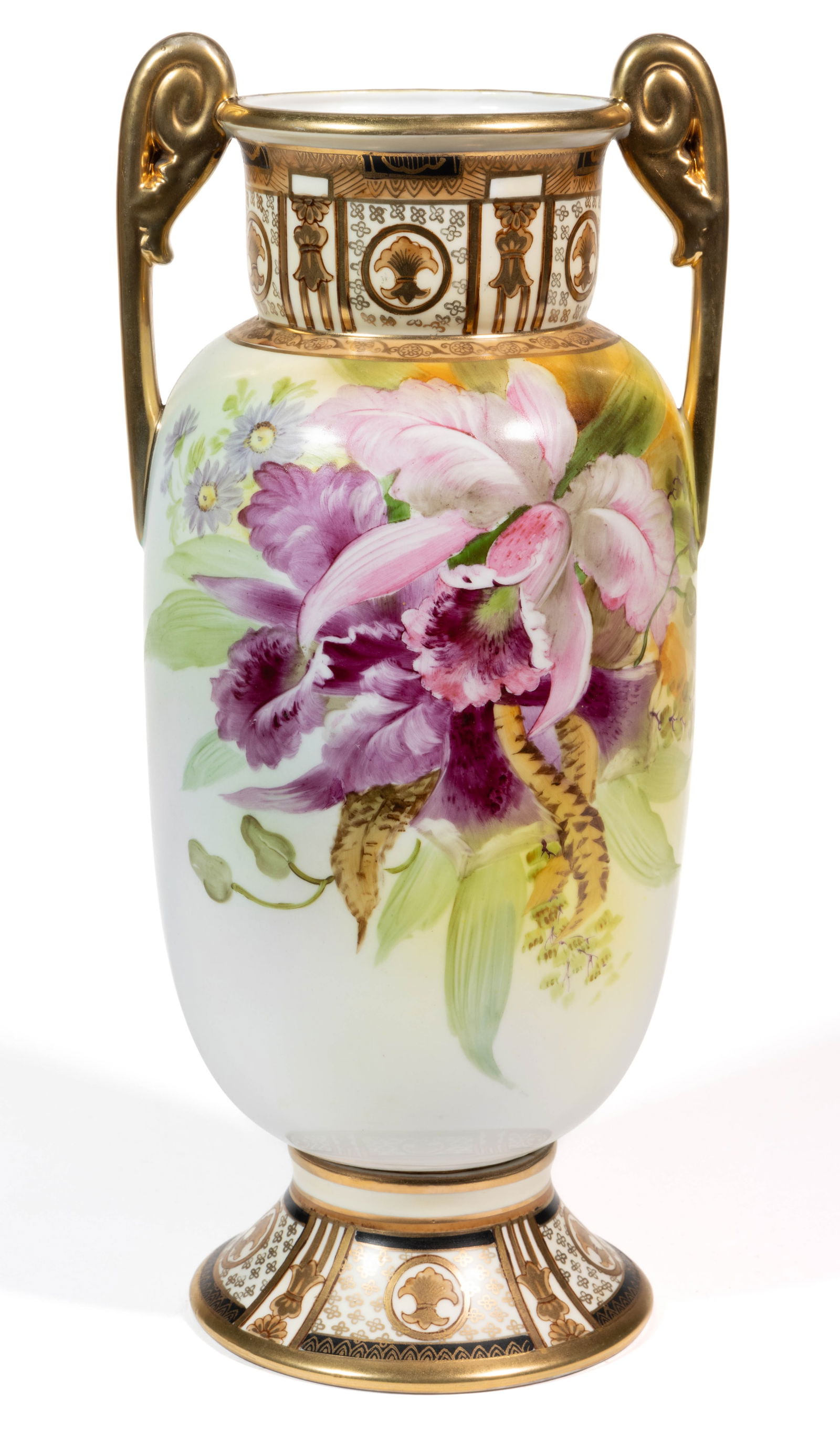 JAPANESE NIPPON PORCELAIN BOLTED ORCHID MOTIF URN VASE: JAPANESE NIPPON PORCELAIN BOLTED ORCHID MOTIF URN VASE, two-piece construction having cylindrical body with curled acanthus leaf handles and circular foot, featuring polychrome hand-painted floral des