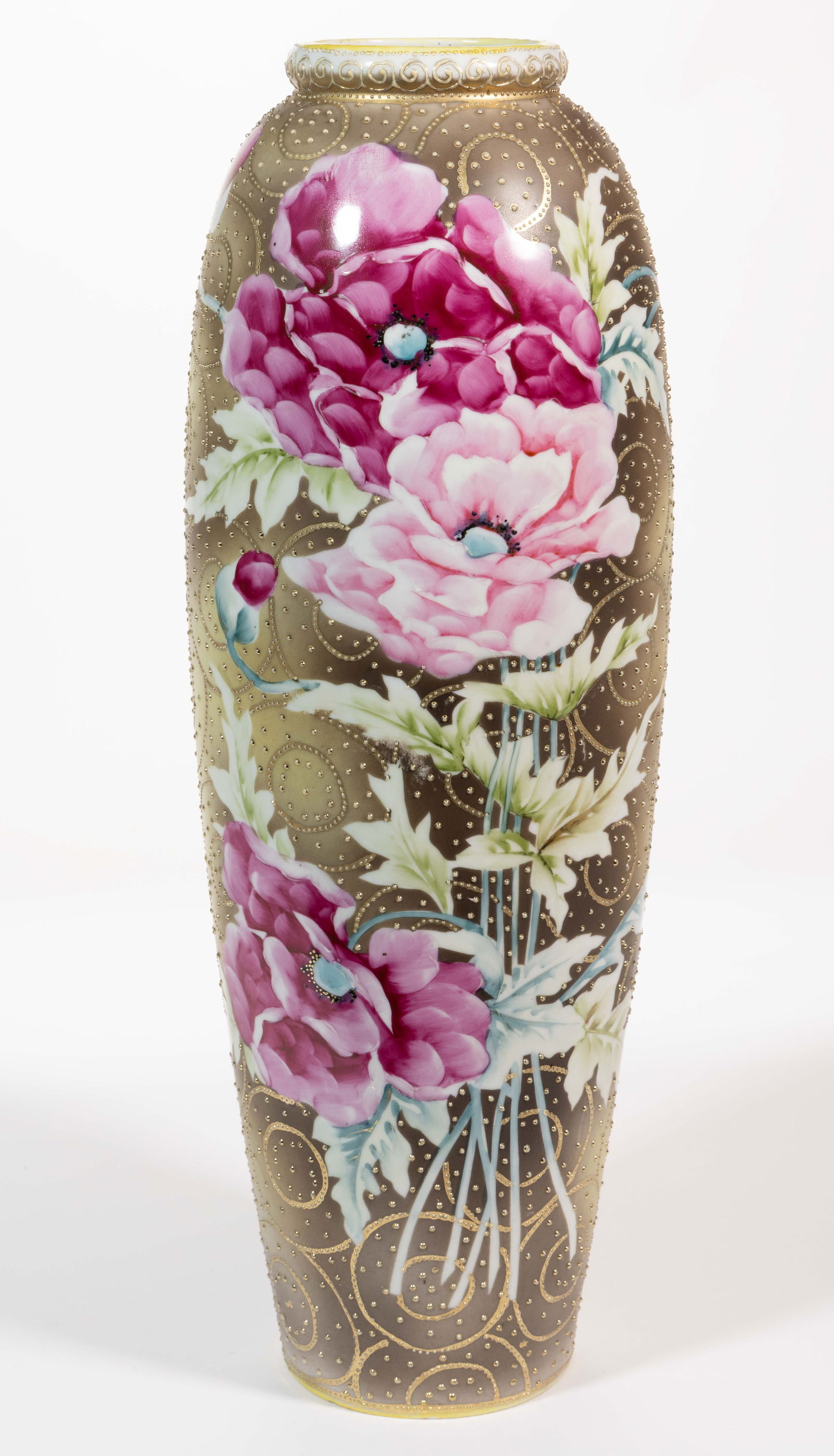 JAPANESE NIPPON PORCELAIN FLORAL MOTIF LARGE VASE: JAPANESE NIPPON PORCELAIN FLORAL MOTIF LARGE VASE, elongated ovoid form, having polychrome hand-painted peony design and overlapping gilt circle decorations with beading. Unmarked. Late 19th/early 20t