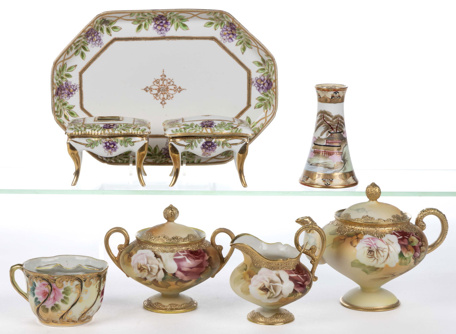 JAPANESE NIPPON PORCELAIN HAND-PAINTED ARTICLES, LOT OF EIGHT: JAPANESE NIPPON PORCELAIN HAND-PAINTED ARTICLES, LOT OF EIGHT, each having polychrome designs with gilt decorations, comprising a hatpin holder depicting pagoda in landscape, a mustache cup with rose