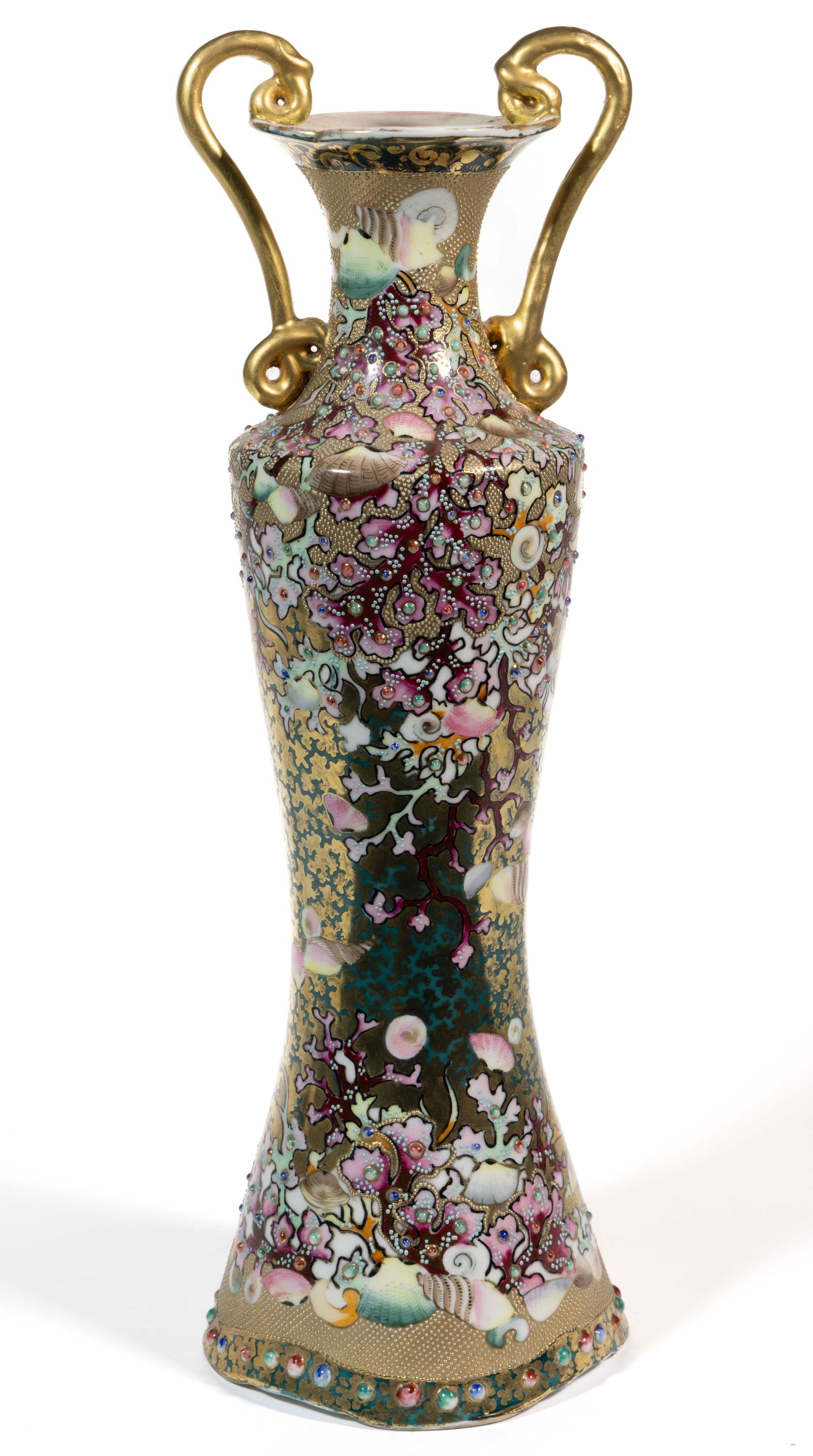 JAPANESE NIPPON PORCELAIN OCEAN MOTIF VASE: JAPANESE NIPPON PORCELAIN OCEAN MOTIF VASE, tall, slender form with scrolled handles, having bright polychrome coral and seashell designs on gilt ground with polychrome enamel jewels and gilt and turq