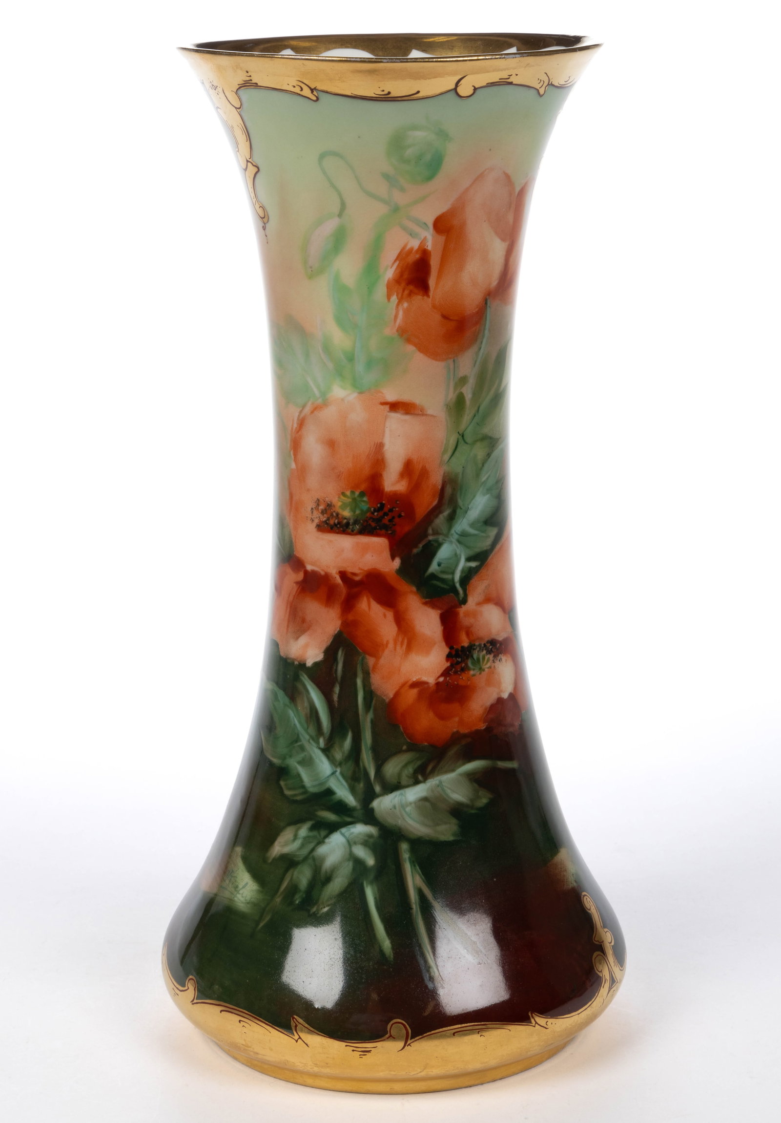 FRENCH LIMOGES PICKARD-DECORATED SIGNED PORCELAIN VASE: FRENCH LIMOGES PICKARD-DECORATED SIGNED PORCELAIN VASE, featuring polychrome hand-painted red poppies with gold rim and base, signed "J Kiefus" for Jacob Kiefus (1873-1926) to lower left. Marks to und