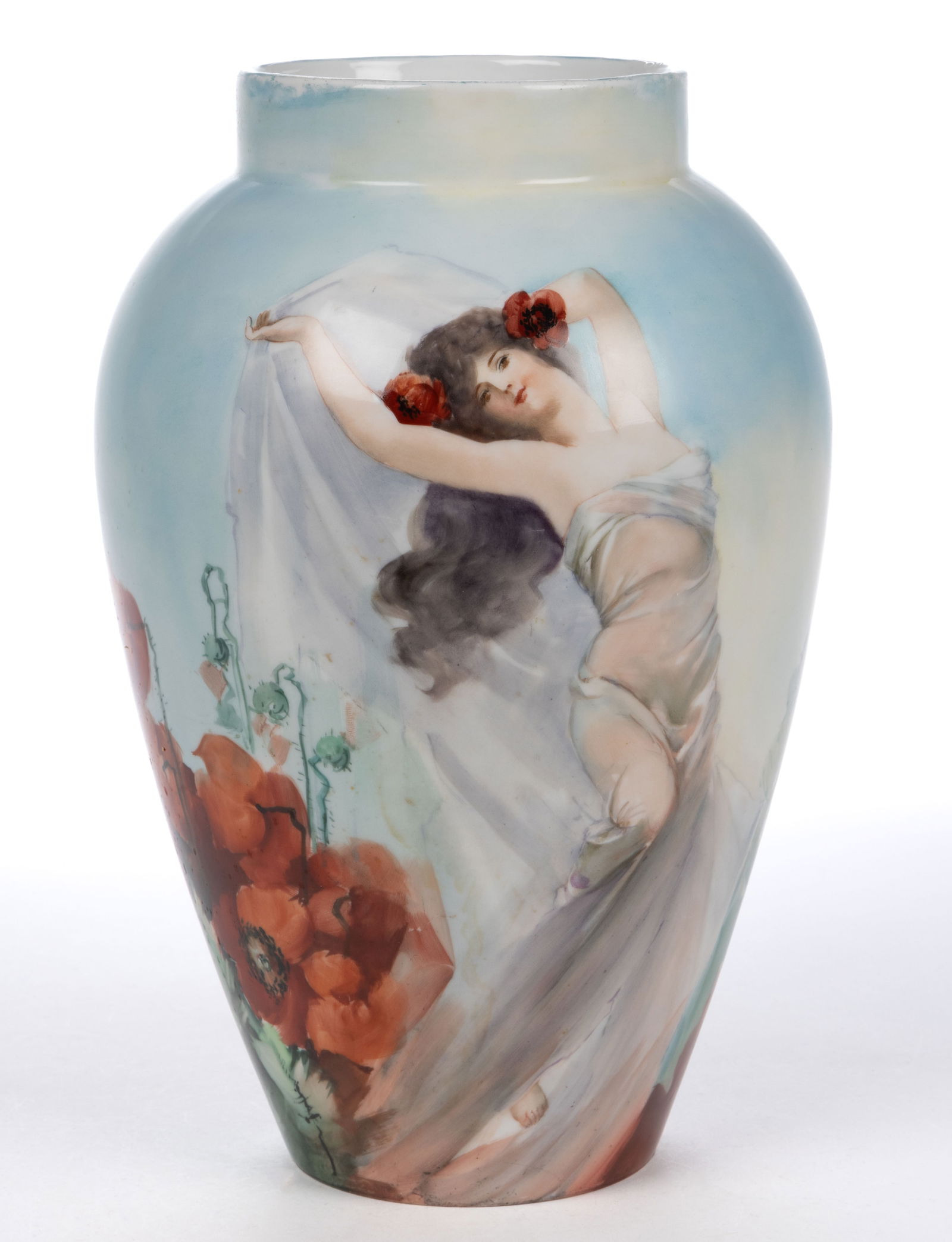 FRENCH LIMOGES PORCELAIN ART NOUVEAU PORTRAIT VASE: FRENCH LIMOGES PORCELAIN ART NOUVEAU PORTRAIT VASE, ovoid form, featuring an alluring young brunette woman in flowing linen with her arms raised, surrounded by deep red poppies and blue sky above. Gre