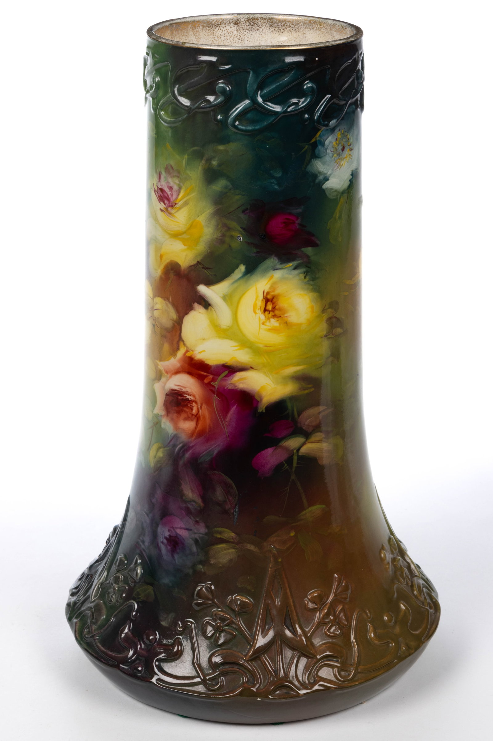GERMAN ROYAL BONN ART NOUVEAU-STYLE HAND-PAINTED FLOOR VASE: GERMAN ROYAL BONN ART NOUVEAU-STYLE HAND-PAINTED FLOOR VASE, featuring polychrome hand-painted rose motif with embossed sinuous lines and floral decorations below rim and to base. Brown-printed crown 