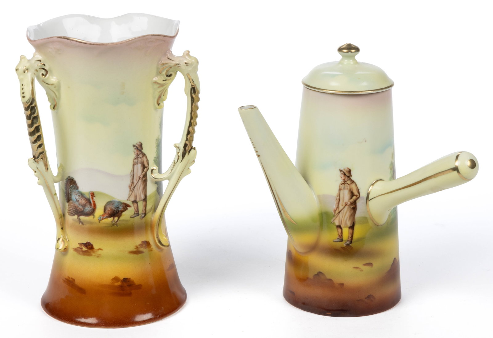 ROYAL BAYREUTH PORCELAIN TURKEY MOTIF ARTICLES, LOT OF TWO: ROYAL BAYREUTH PORCELAIN TURKEY MOTIF ARTICLES, LOT OF TWO, each having polychrome transfer scene depicting a standing man in hat and long coat handling turkeys. One having blue-printed rampant lions 