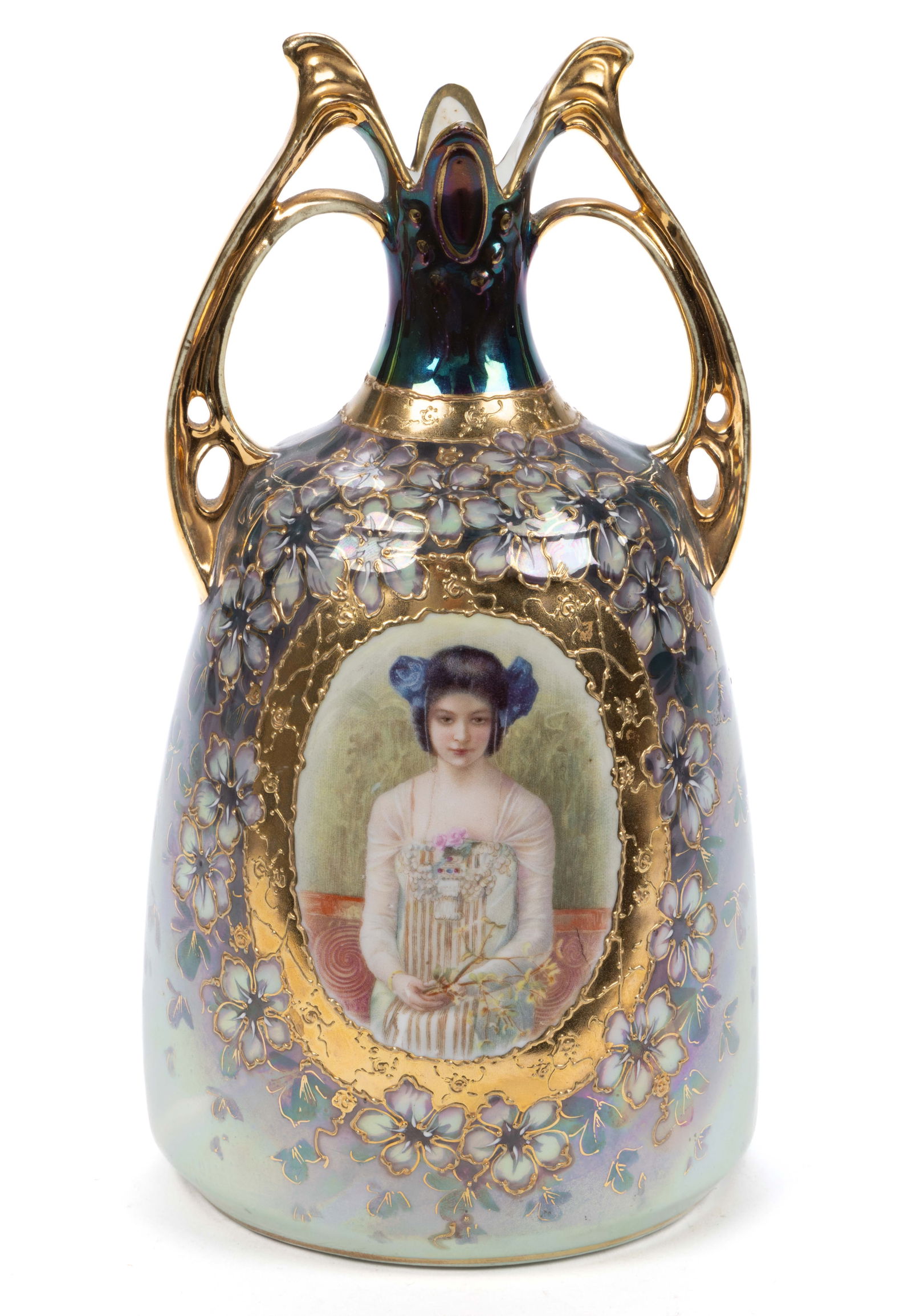 E.S. GERMANY PORCELAIN ART NOUVEAU PORTRAIT VASE: E.S. GERMANY PORCELAIN ART NOUVEAU PORTRAIT VASE, having a central medallion featuring a young dark-haired woman wearing a dress with beaded accents, having flower surround with raised gilt accents on