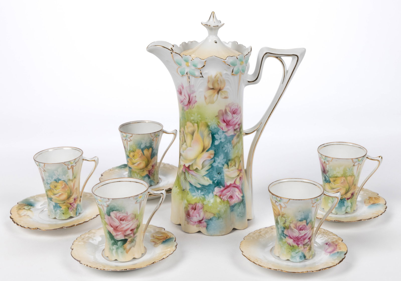 ROYAL VIENNA PORCELAIN FLORAL MOTIF 12-PIECE CHOCOLATE SET: ROYAL VIENNA PORCELAIN FLORAL MOTIF 12-PIECE CHOCOLATE SET, RSP Mold 29, each having polychrome transfer rose motif with white shadow flowers on turquoise and green ground and gilt accents, comprising