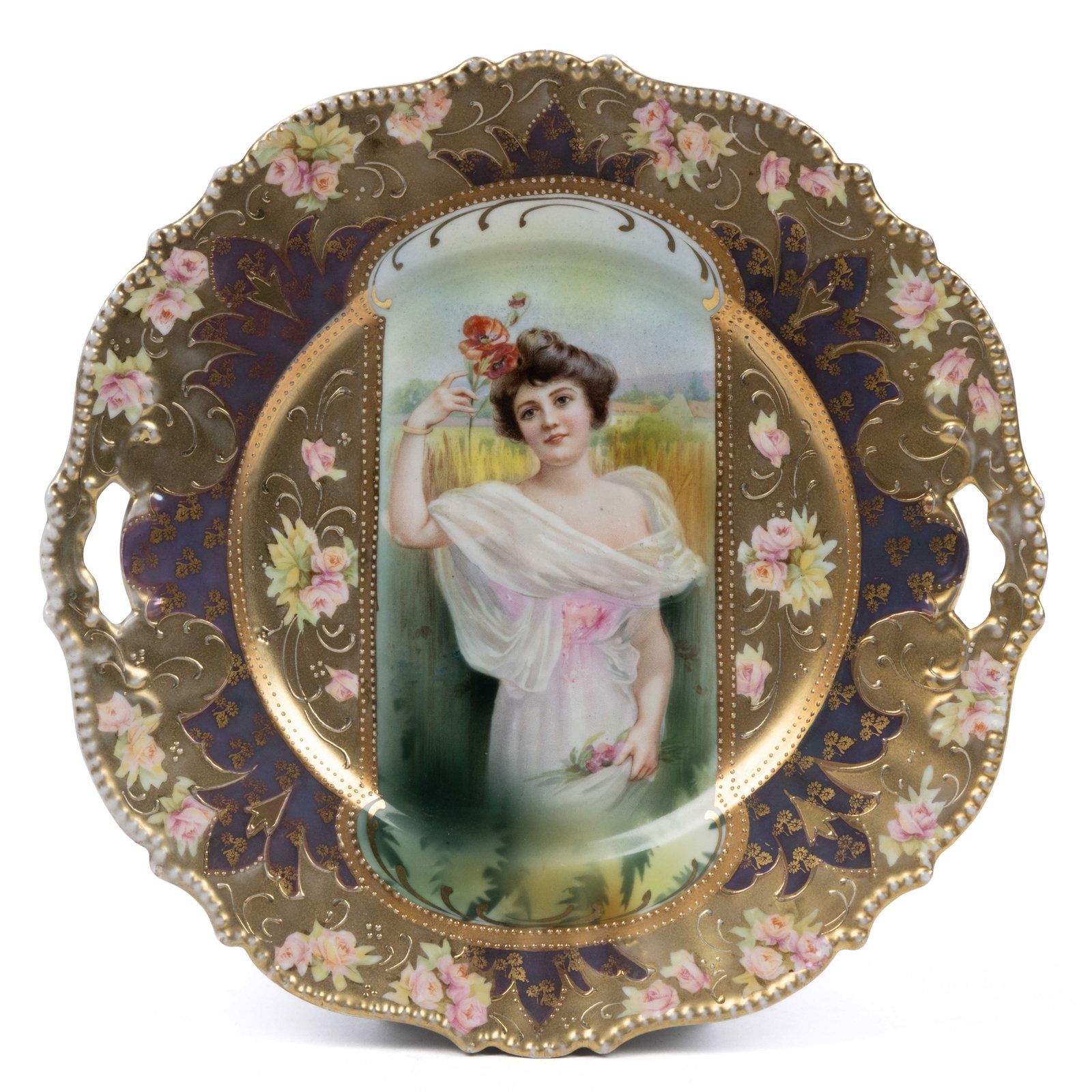 R.S. PRUSSIA PORCELAIN SUMMER SEASON PORTRAIT TIFFANY FINISH CAKE PLATE: R.S. PRUSSIA PORCELAIN SUMMER SEASON PORTRAIT TIFFANY FINISH CAKE PLATE, RSP Mold 343, featuring beautiful polychrome transfer of a young woman holding a poppy flower within a "keyhole" surround, havi
