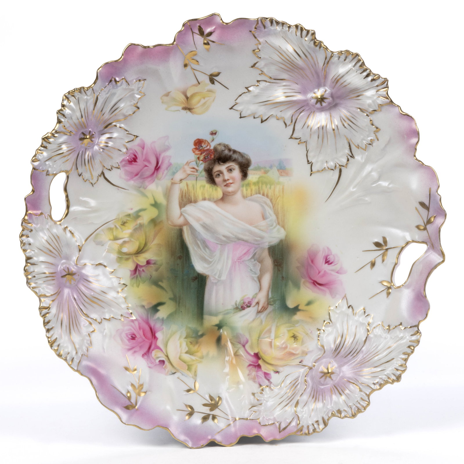 R.S. PRUSSIA PORCELAIN SUMMER SEASON PORTRAIT CAKE PLATE: R.S. PRUSSIA PORCELAIN SUMMER SEASON PORTRAIT CAKE PLATE, RSP Mold 28, featuring beautiful polychrome transfer of a young woman holding a poppy flower with additional roses encircling image, satin fin