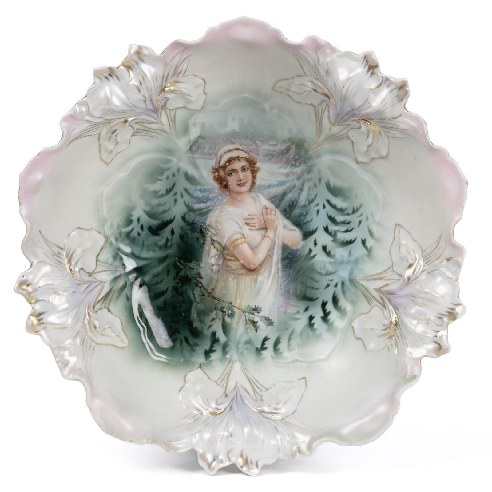 R.S. PRUSSIA PORCELAIN WINTER SEASON PORTRAIT BOWL: R.S. PRUSSIA PORCELAIN WINTER SEASON PORTRAIT BOWL, RSP Mold 25, featuring beautiful polychrome transfer image of a woman in white, her arms crossed in front of her and swirling snowflakes and shadow 