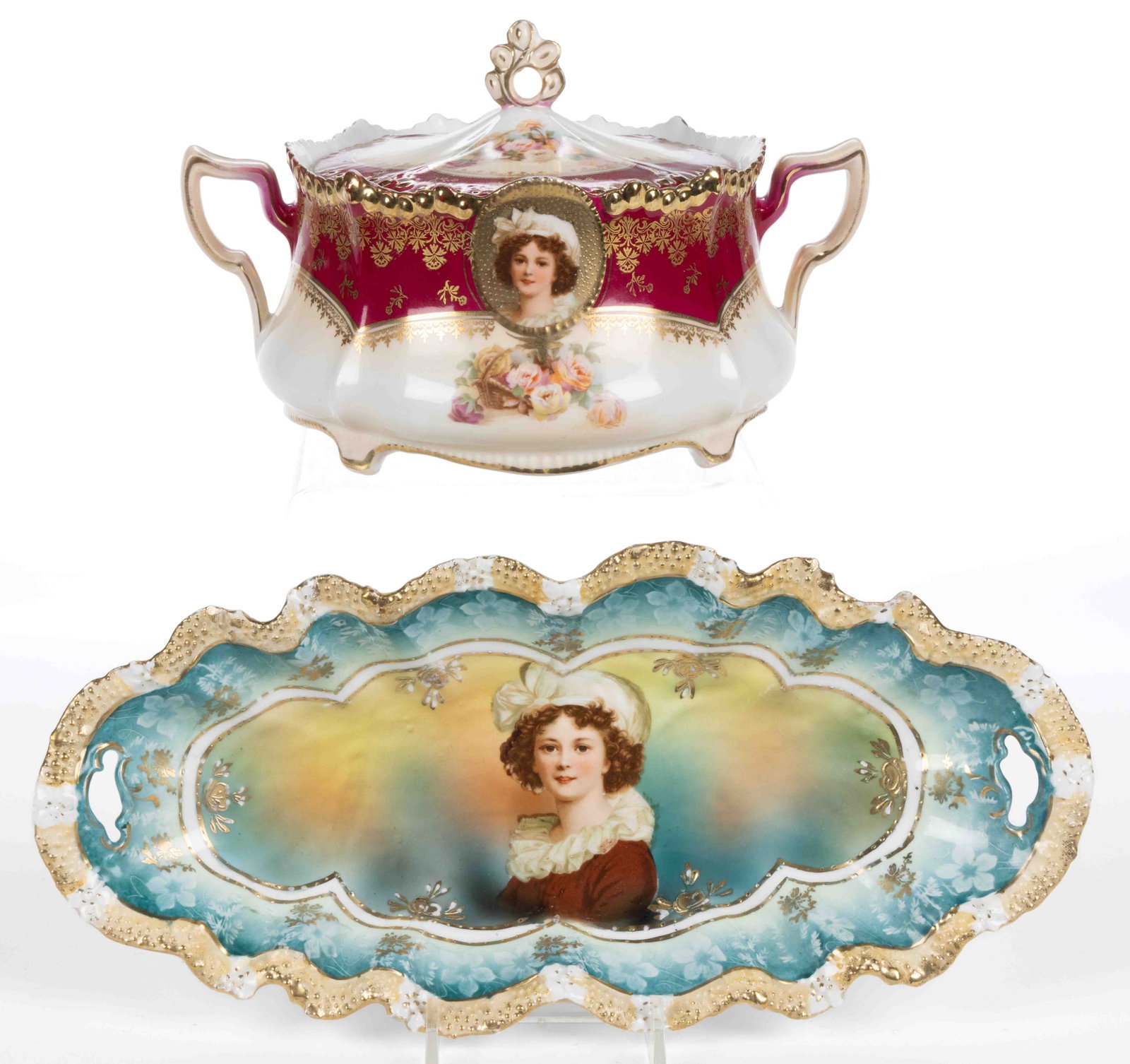 R.S. PRUSSIA PORCELAIN PORTRAIT ARTICLES, LOT OF TWO: R.S. PRUSSIA PORCELAIN PORTRAIT ARTICLES, LOT OF TWO, each having polychrome transfer image depicting Madame LeBrun, comprising a RSP Mold 14 cracker jar having two LeBrun medallions including one fea