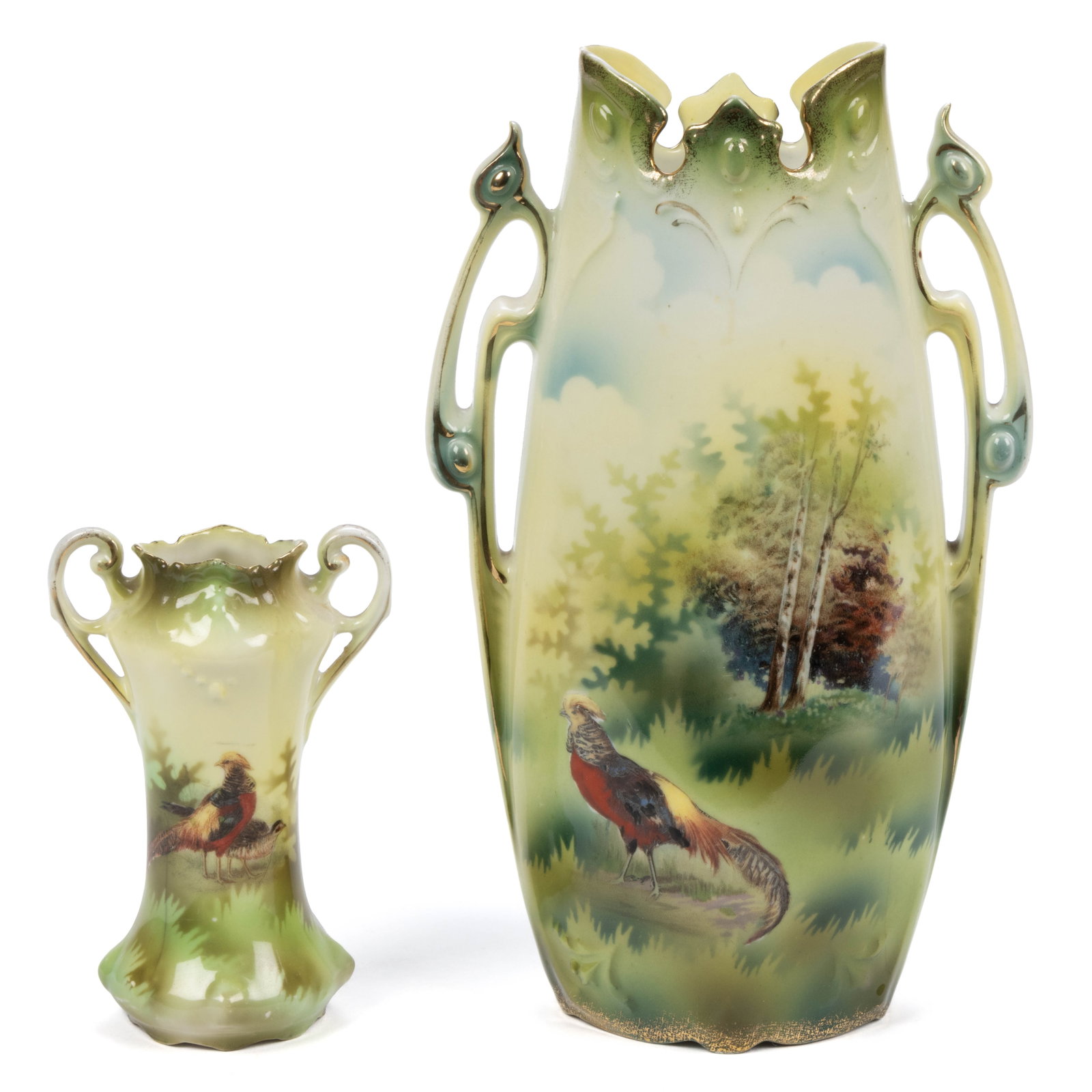 R.S. POLAND PORCELAIN GAME BIRD MOTIF VASES, LOT OF TWO: R.S. POLAND PORCELAIN GAME BIRD MOTIF VASES, LOT OF TWO, each having polychrome transfer scenes, green shadow leaves, and gilt accents, comprising one RSP Mold 938 with a single golden pheasant on one