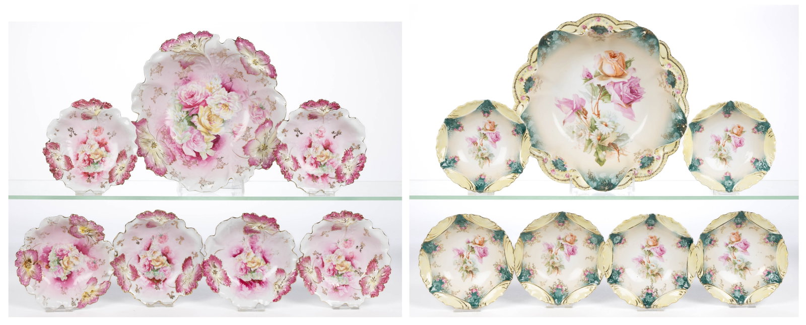 R.S. PRUSSIA PORCELAIN FLORAL MOTIF BERRY BOWL SETS, LOT OF TWO: R.S. PRUSSIA PORCELAIN FLORAL MOTIF BERRY BOWL SETS, LOT OF TWO, each having polychrome transfer rose designs, comprising one set having RSP Mold 28 with embossed flower rim, additional gilt flower tr