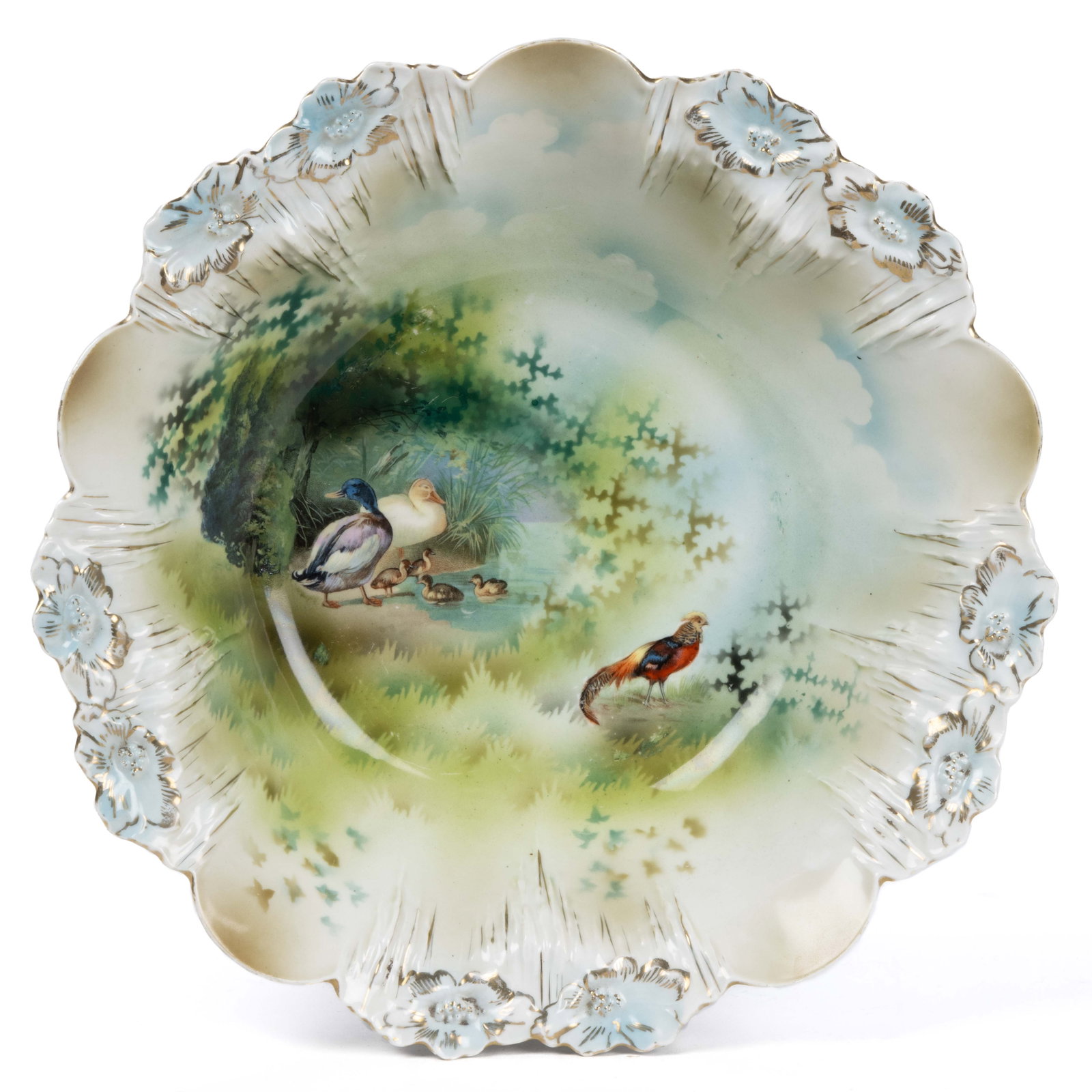 R.S. PRUSSIA PORCELAIN BIRD MOTIF BOWL: R.S. PRUSSIA PORCELAIN BIRD MOTIF BOWL, RSP Mold 7, having icicle flower molded rim and featuring polychrome transfer depicting a family of ducks on left side and a bright pheasant on the right side. 