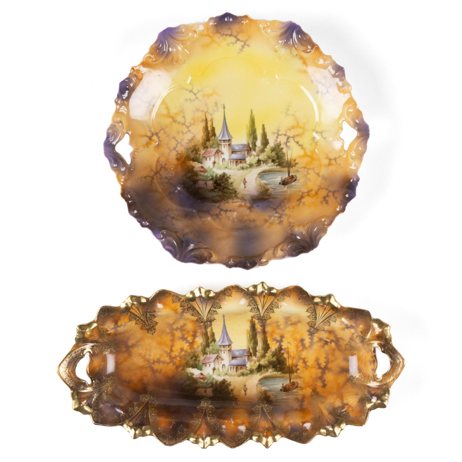 R.S. PRUSSIA PORCELAIN CASTLE MOTIF TABLE ARTICLES, LOT OF TWO: R.S. PRUSSIA PORCELAIN CASTLE MOTIF TABLE ARTICLES, LOT OF TWO, each open-handled with polychrome transfer featuring a charming steepled building, a figure strolling on a road, and figure in a boat on