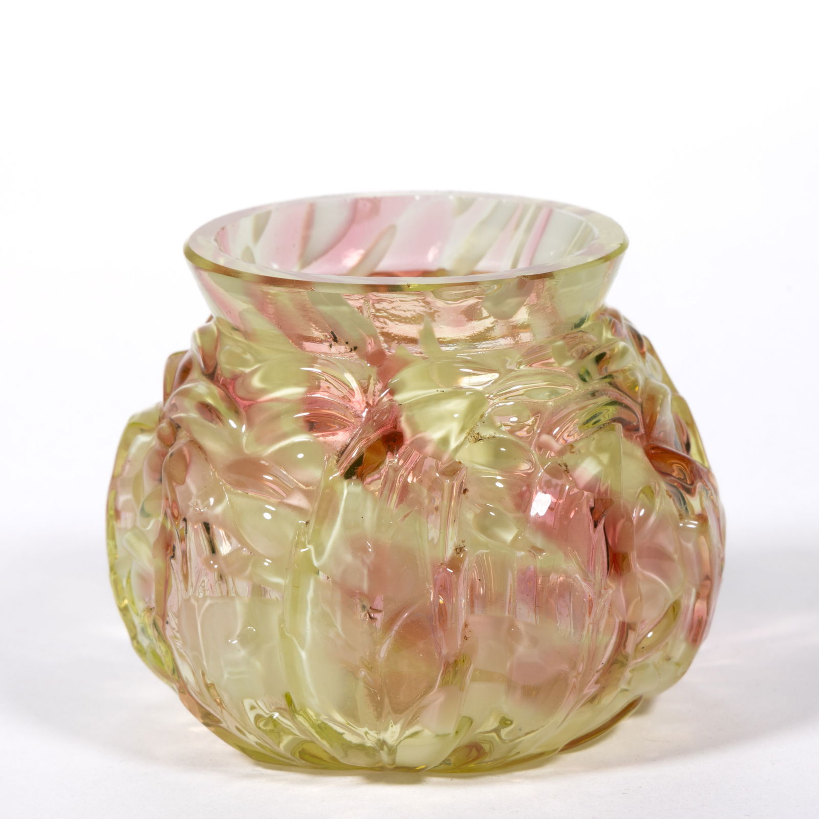 NORTHWOOD NO. 333 / LEAF MOLD TOOTHPICK HOLDER: NORTHWOOD NO. 333 / LEAF MOLD TOOTHPICK HOLDER, canary/Vaseline (reacts under black light) with cranberry and opal spatter, factory-polished rim. Northwood Glass Co. Pattern introduced in 1891. 2" H.