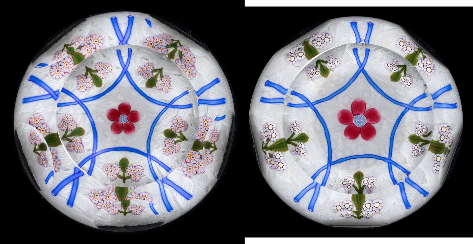 VINTAGE PERTHSHIRE FLORAL ART GLASS NEAR PAIR OF PAPERWEIGHTS: VINTAGE PERTHSHIRE FLORAL ART GLASS NEAR PAIR OF PAPERWEIGHTS, cut-faceted with a circular top window, each having a central red flower with arched blue tubes to the exterior with a pair of three mill