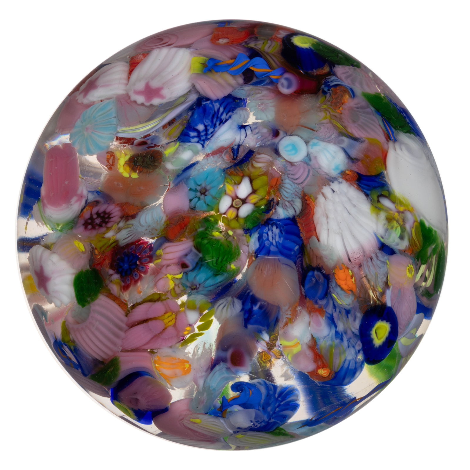 DREW EBELHARE (AMERICAN, B. 1950) SCRAMBLED MILLEFIORI STUDIO ART GLASS PAPERWEIGHT: DREW EBELHARE (AMERICAN, B. 1950) SCRAMBLED MILLEFIORI STUDIO ART GLASS PAPERWEIGHT, having millefiori canes in a variety of forms and colors, opening and negatives spaces to the sides, signed to the