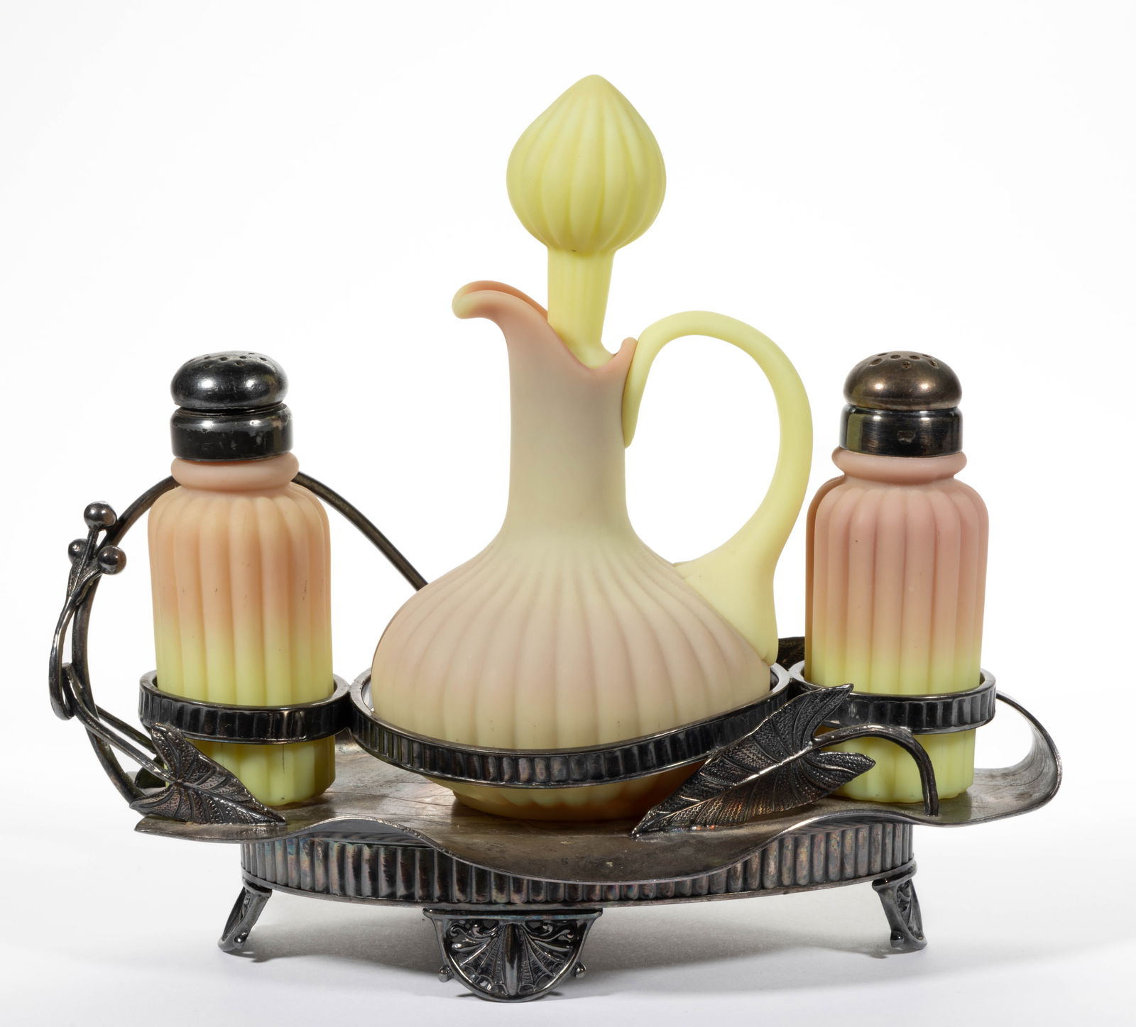 MT. WASHINGTON RIBBED (OMN) BURMESE THREE-PIECE CONDIMENT SET IN STAND (1 of 1)
