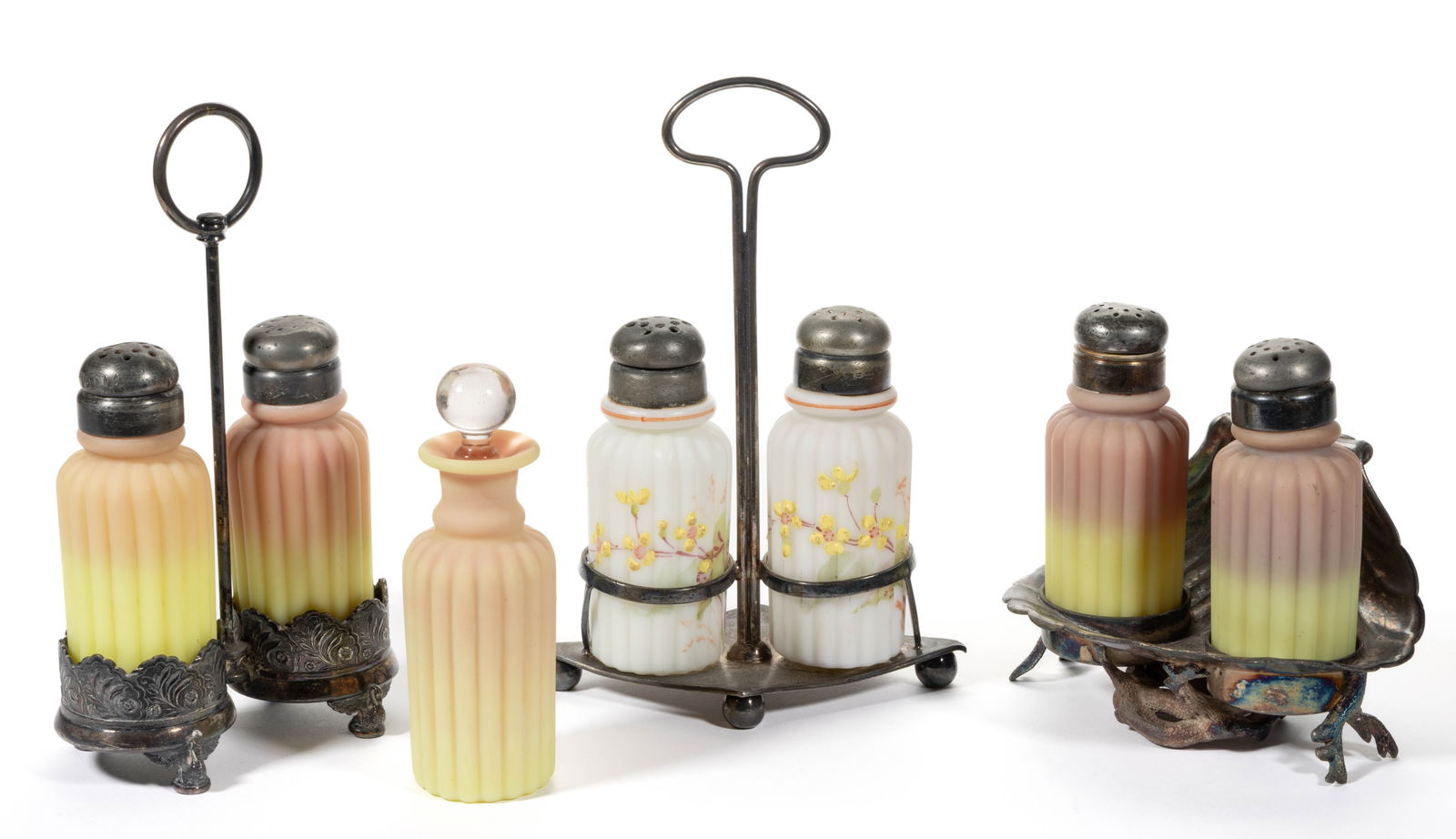 MT. WASHINGTON PILLAR - RIBBED BOTTLE AND PAIRS OF SALT AND PEPPER SHAKERS IN STANDS, LOT OF FOUR (1 of 1)