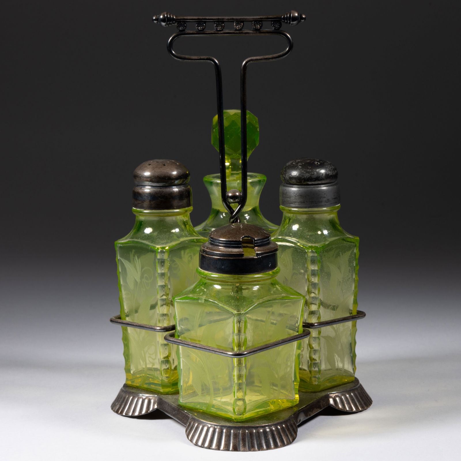 MT. WASHINGTON ATTRIBUTED NOTCHED CORNER FOUR-PIECE CONDIMENT SET IN STAND (1 of 1)