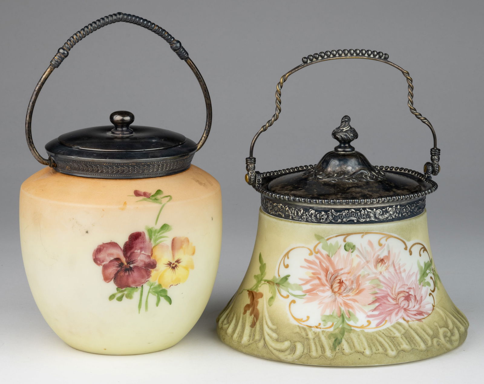 MT. WASHINGTON ENAMEL-DECORATED CRACKER / BISCUIT JARS, LOT OF TWO (1 of 1)