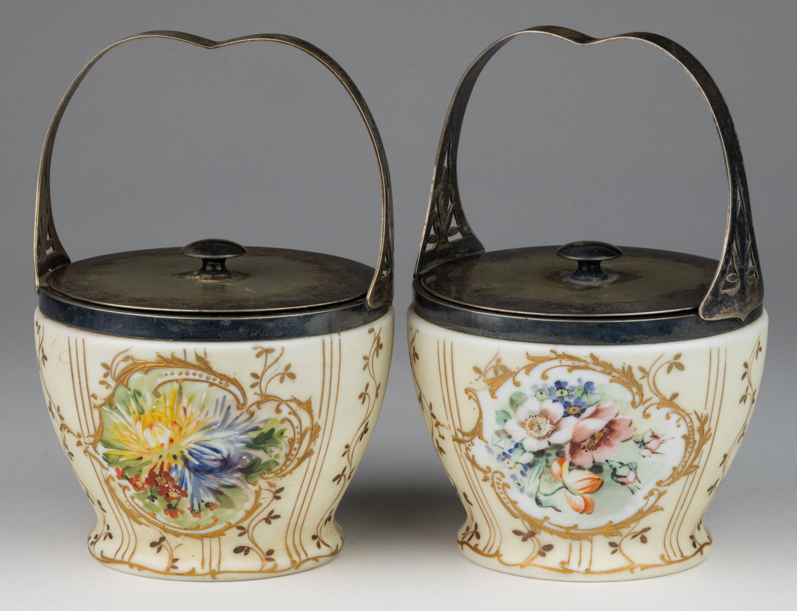 PAIRPOINT ENAMEL-DECORATED OPAL GLASS CRACKER / BISCUIT JARS, LOT OF TWO (1 of 1)