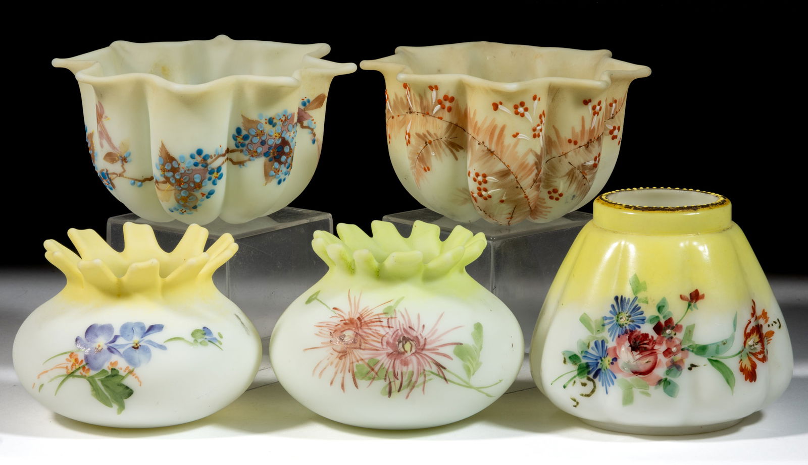 MT. WASHINGTON / SMITH BROS. ENAMEL-DECORATED OPAL CABINET VASES / ARTICLES, LOT OF FIVE (1 of 1)