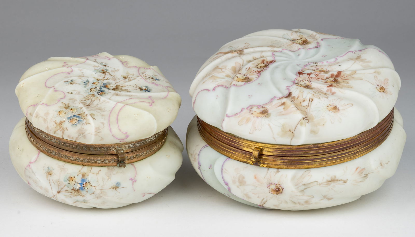 WAVE CREST HELMSCHMID SWIRL ENAMEL-DECORATED ART GLASS DRESSER BOXES, LOT OF TWO (1 of 1)